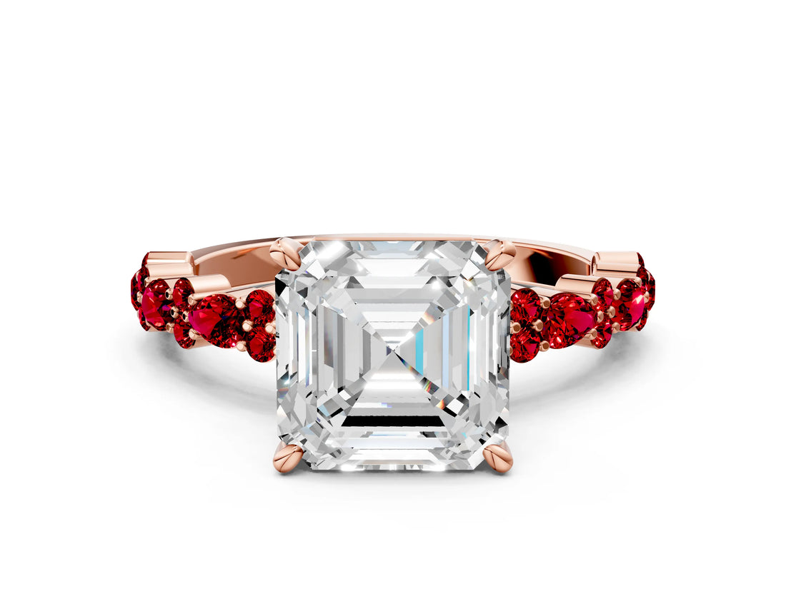 Rose gold Asscher Cut Diamond Side Stone Solitaire Ring with Round with Ruby side stone and Four-Prong Setting