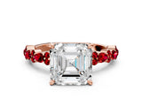 Rose gold Asscher Cut Diamond Side Stone Solitaire Ring with Round with Ruby side stone and Four-Prong Setting