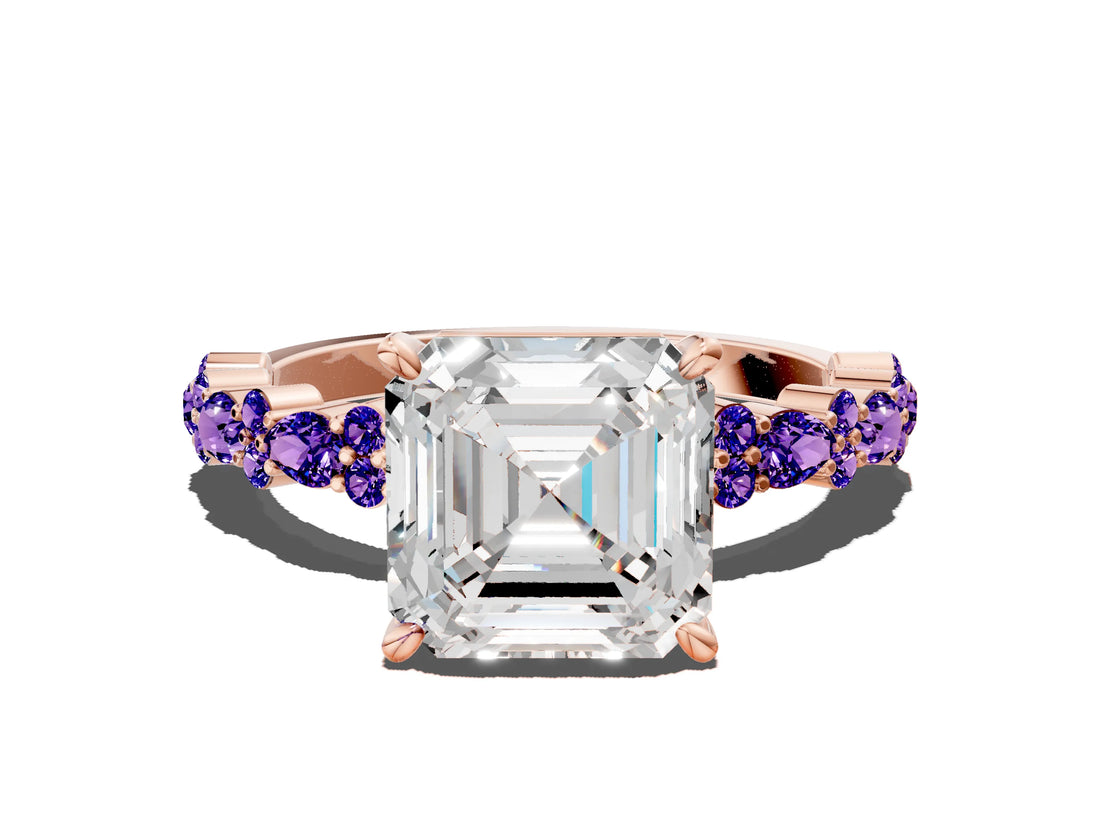 Rose gold Asscher Cut Diamond Side Stone Solitaire Ring with Round with Tanzanite side stone and Four-Prong Setting