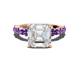 Rose gold Asscher Cut Diamond Side Stone Solitaire Ring with Round with Tanzanite side stone and Four-Prong Setting