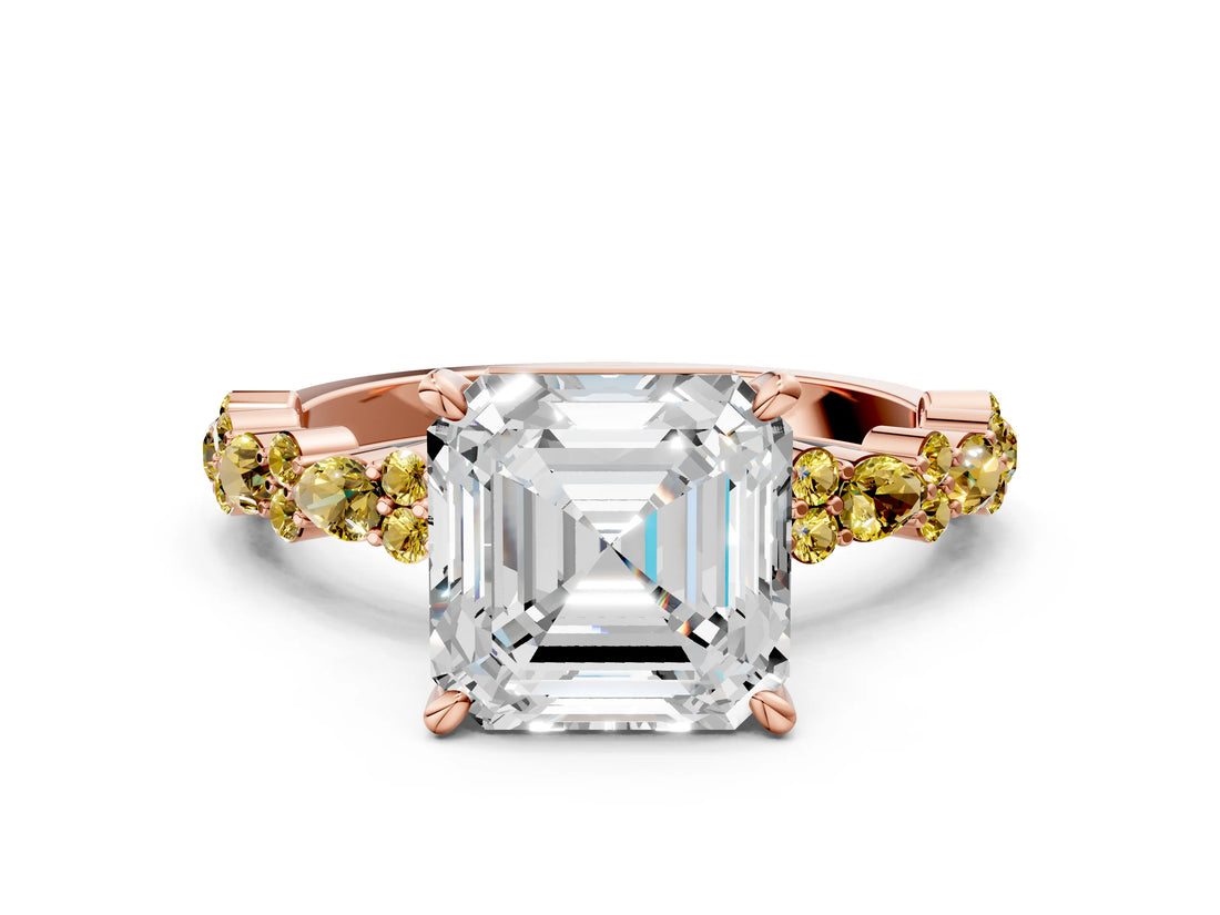 Rose gold Asscher Cut Diamond Side Stone Solitaire Ring with Round with Yellow Sapphire side stone and Four-Prong Setting