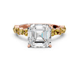 Rose gold Asscher Cut Diamond Side Stone Solitaire Ring with Round with Yellow Sapphire side stone and Four-Prong Setting