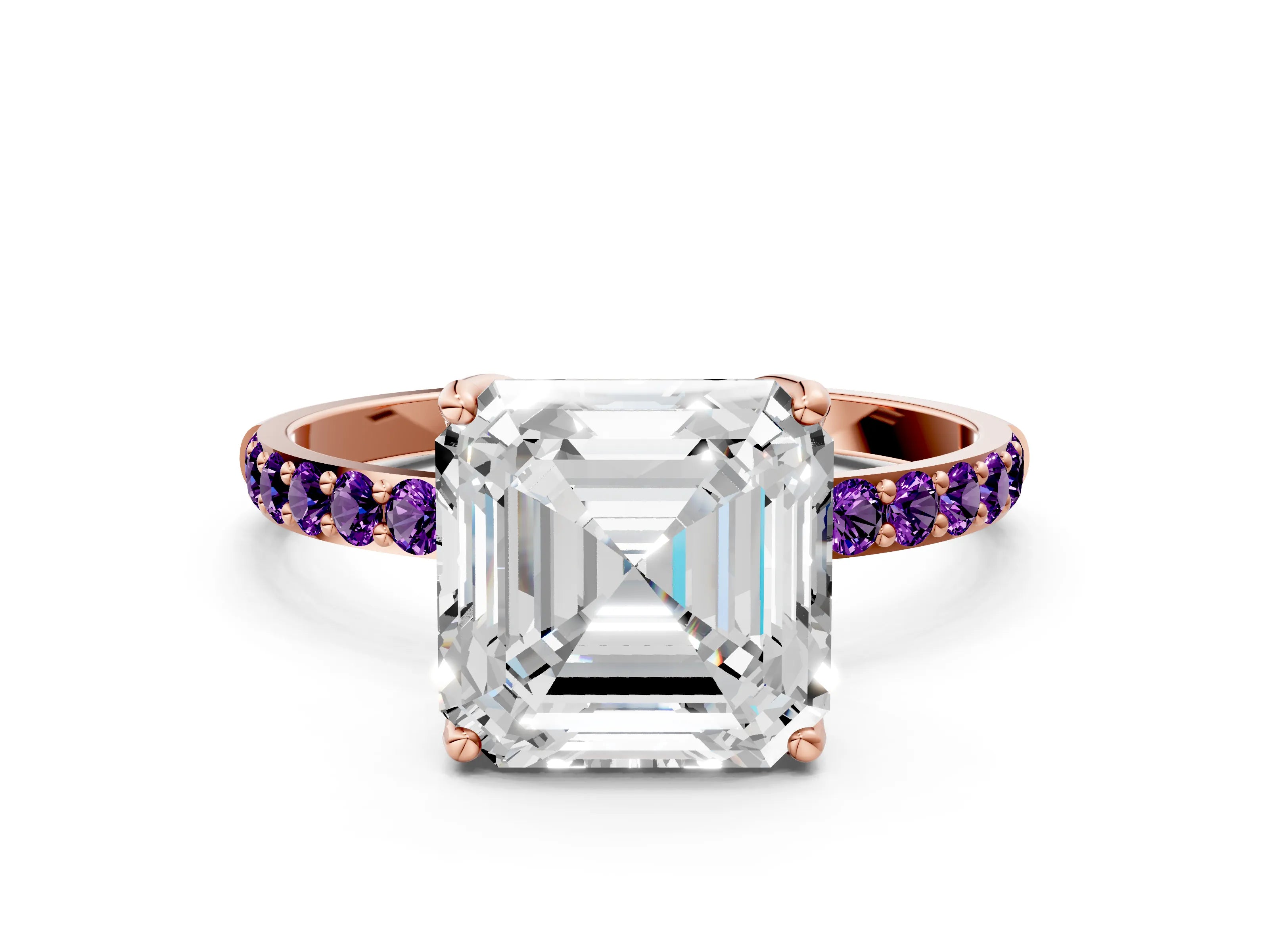Rose gold Asscher Cut Diamond Solitaire Engagement Ring with Round with Amethyst side stone Pavé Band and Prong Setting