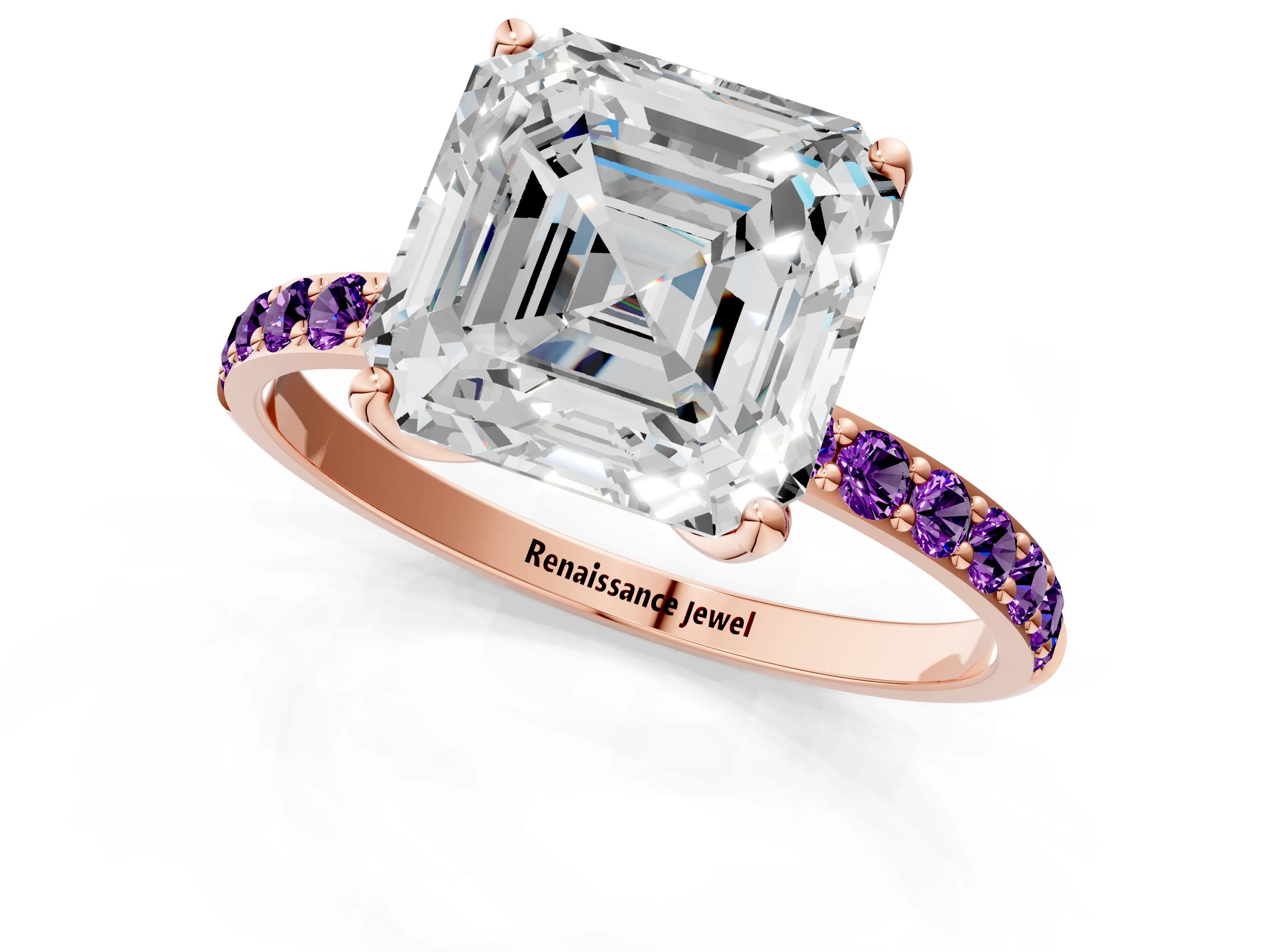 Rose gold Asscher Cut Diamond Solitaire Engagement Ring with Round with Amethyst side stone Pavé Band and Prong Setting_1