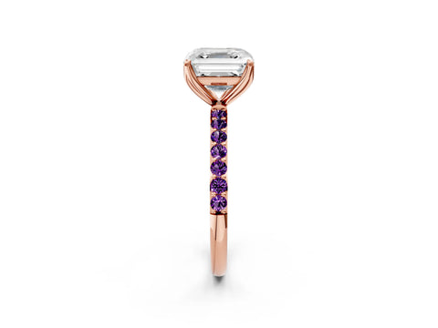 Rose gold Asscher Cut Diamond Solitaire Engagement Ring with Round with Amethyst side stone Pavé Band and Prong Setting_2
