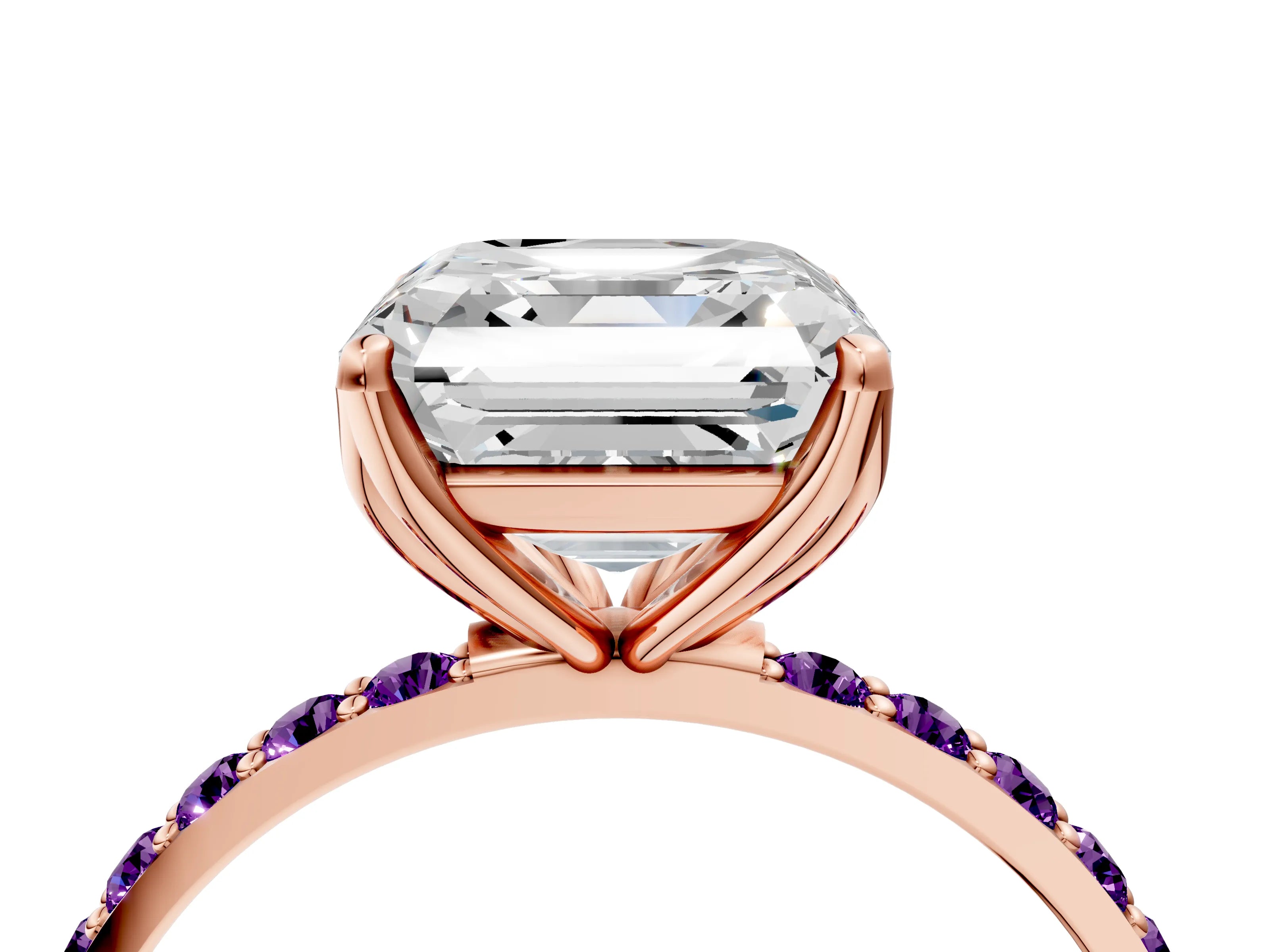 Rose gold Asscher Cut Diamond Solitaire Engagement Ring with Round with Amethyst side stone Pavé Band and Prong Setting_4