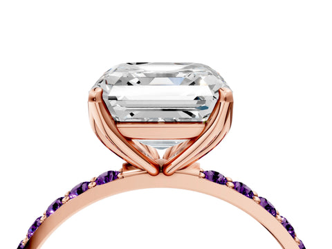 Rose gold Asscher Cut Diamond Solitaire Engagement Ring with Round with Amethyst side stone Pavé Band and Prong Setting_4