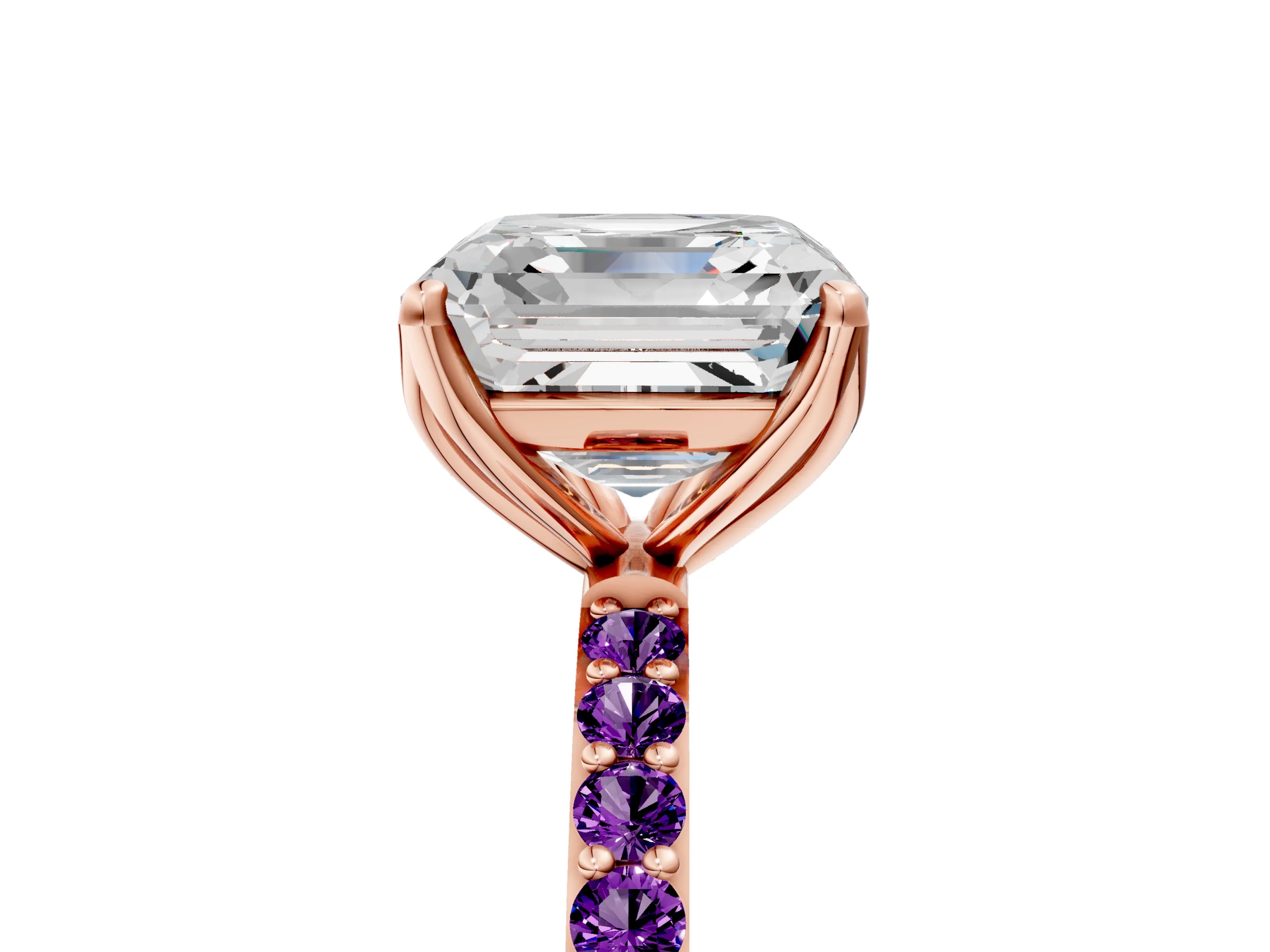 Rose gold Asscher Cut Diamond Solitaire Engagement Ring with Round with Amethyst side stone Pavé Band and Prong Setting_5
