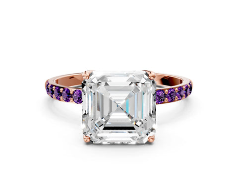 Rose gold Asscher Cut Diamond Solitaire Engagement Ring with Round with Amethyst side stone Pavé Band and Prong Setting