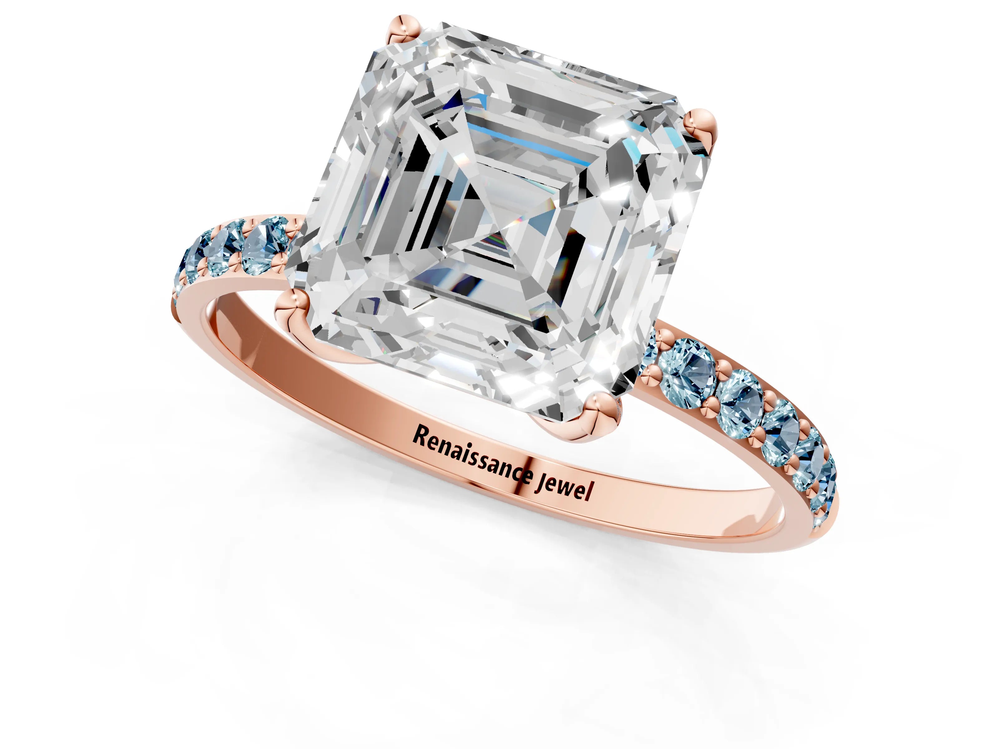 Rose gold Asscher Cut Diamond Solitaire Engagement Ring with Round with Aquamarine side stone Pavé Band and Prong Setting_1