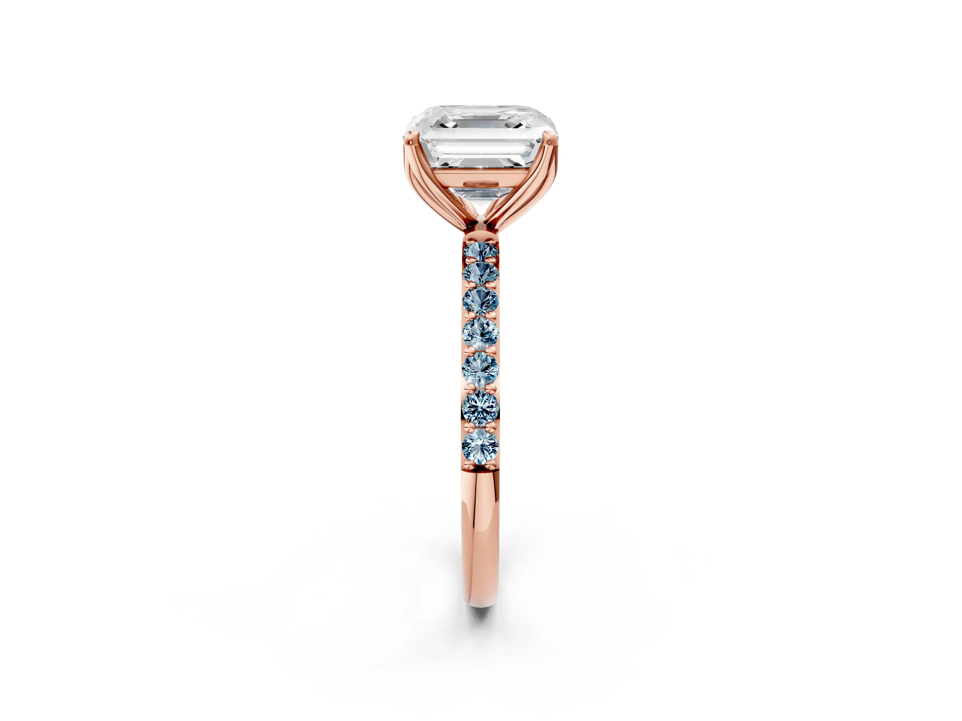 Rose gold Asscher Cut Diamond Solitaire Engagement Ring with Round with Aquamarine side stone Pavé Band and Prong Setting_2