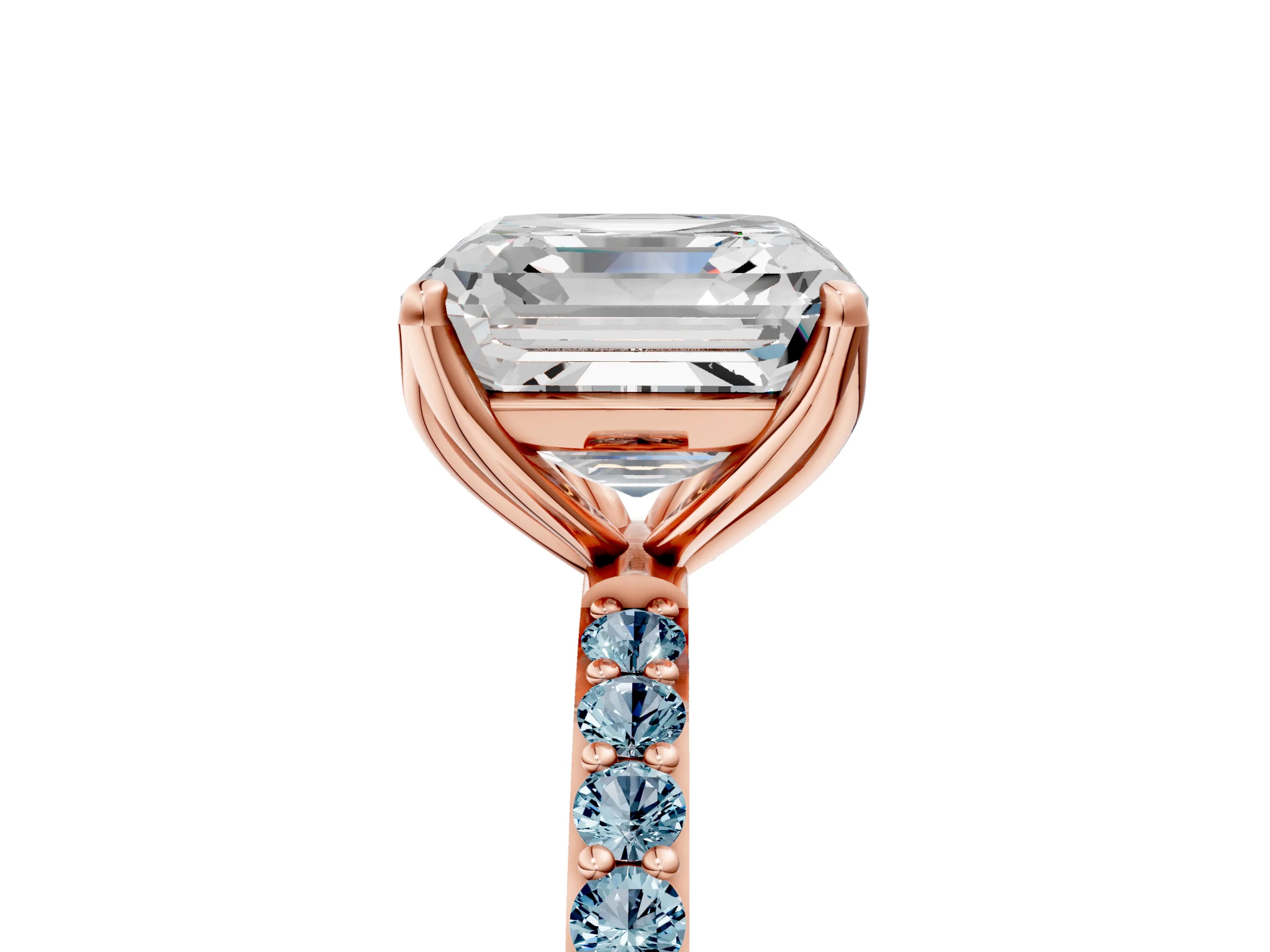 Rose gold Asscher Cut Diamond Solitaire Engagement Ring with Round with Aquamarine side stone Pavé Band and Prong Setting_5