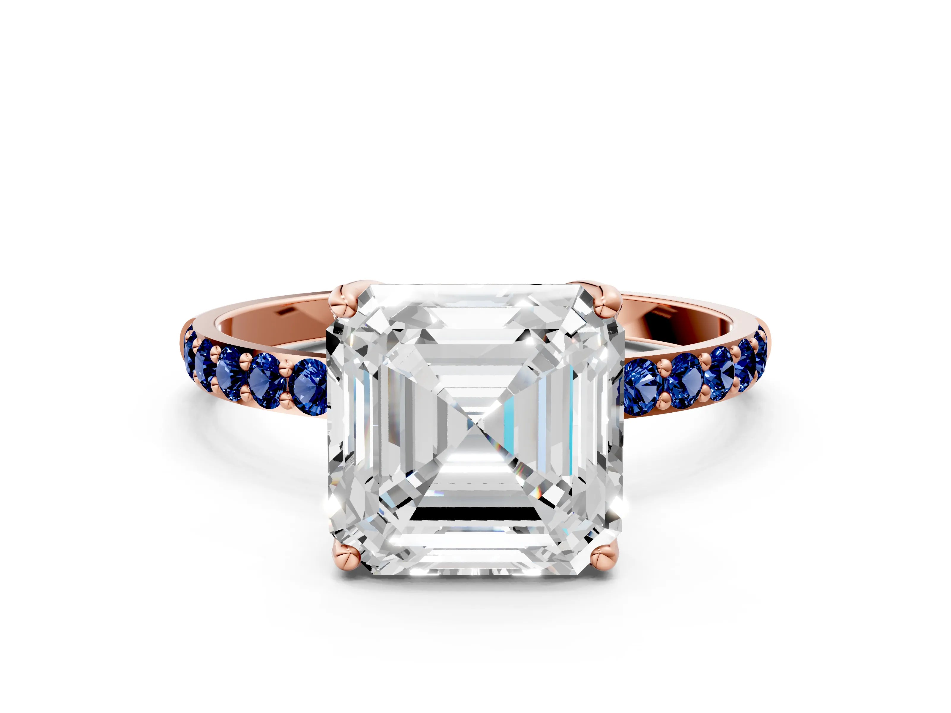 Rose gold Asscher Cut Diamond Solitaire Engagement Ring with Round with Blue Sapphire side stone Pavé Band and Prong Setting
