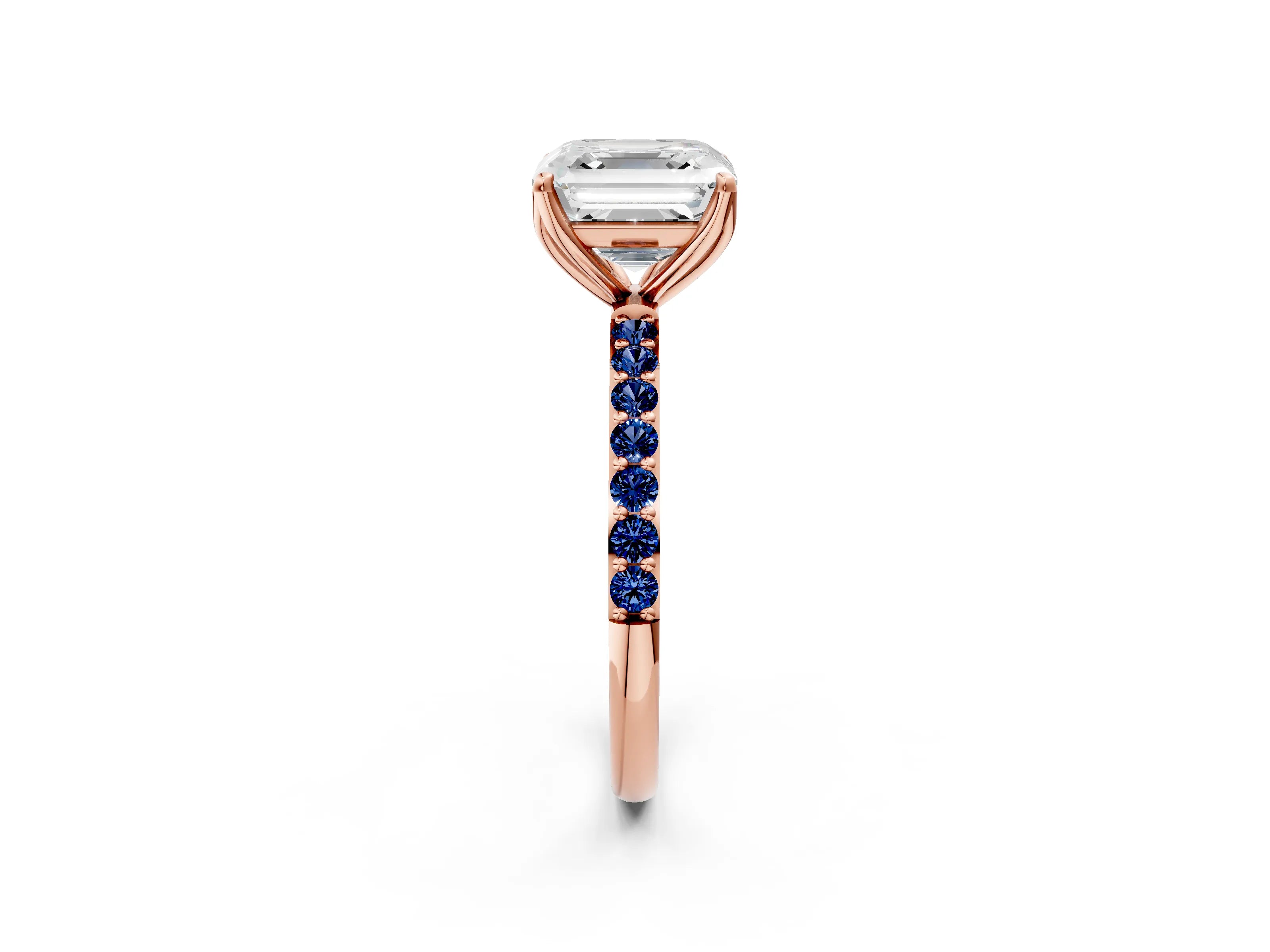 Rose gold Asscher Cut Diamond Solitaire Engagement Ring with Round with Blue Sapphire side stone Pavé Band and Prong Setting_2