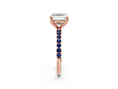 Rose gold Asscher Cut Diamond Solitaire Engagement Ring with Round with Blue Sapphire side stone Pavé Band and Prong Setting_2