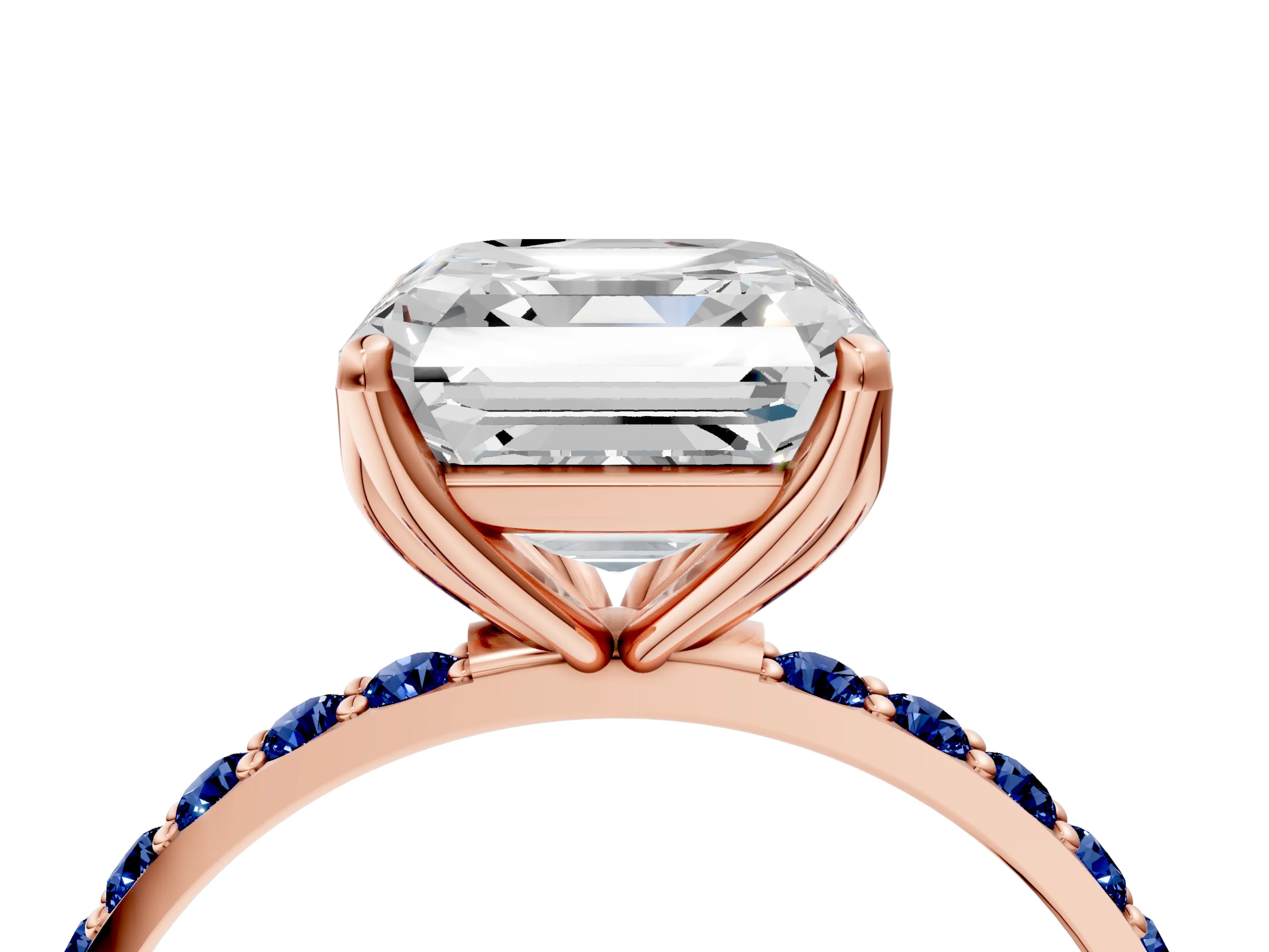 Rose gold Asscher Cut Diamond Solitaire Engagement Ring with Round with Blue Sapphire side stone Pavé Band and Prong Setting_4