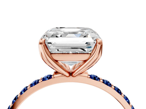 Rose gold Asscher Cut Diamond Solitaire Engagement Ring with Round with Blue Sapphire side stone Pavé Band and Prong Setting_4