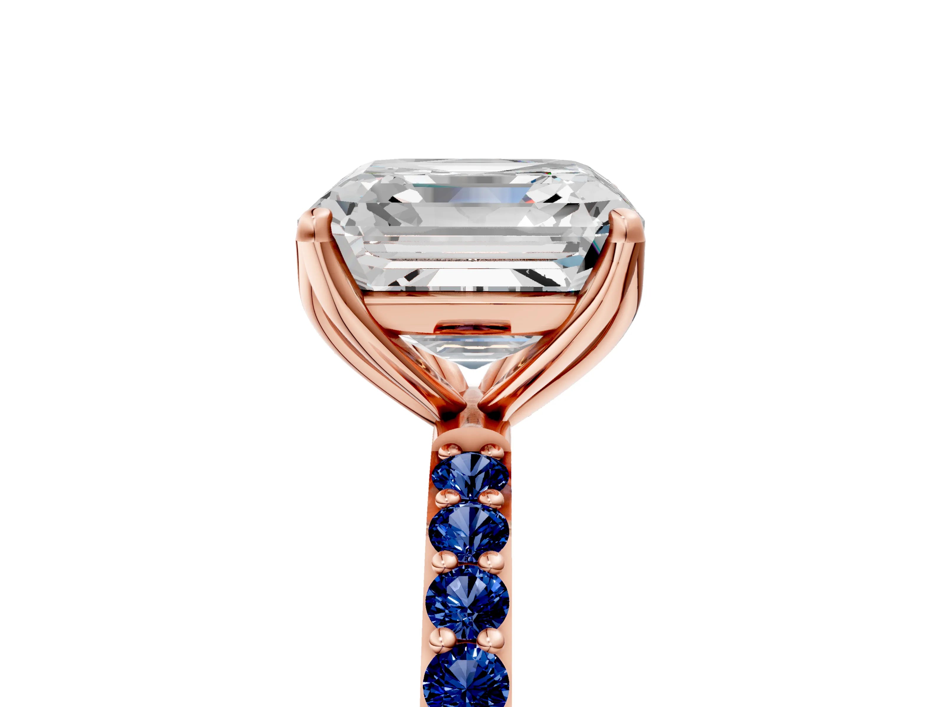 Rose gold Asscher Cut Diamond Solitaire Engagement Ring with Round with Blue Sapphire side stone Pavé Band and Prong Setting_5