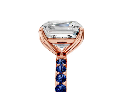 Rose gold Asscher Cut Diamond Solitaire Engagement Ring with Round with Blue Sapphire side stone Pavé Band and Prong Setting_5