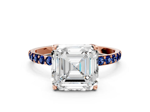 Rose gold Asscher Cut Diamond Solitaire Engagement Ring with Round with Blue Sapphire side stone Pavé Band and Prong Setting