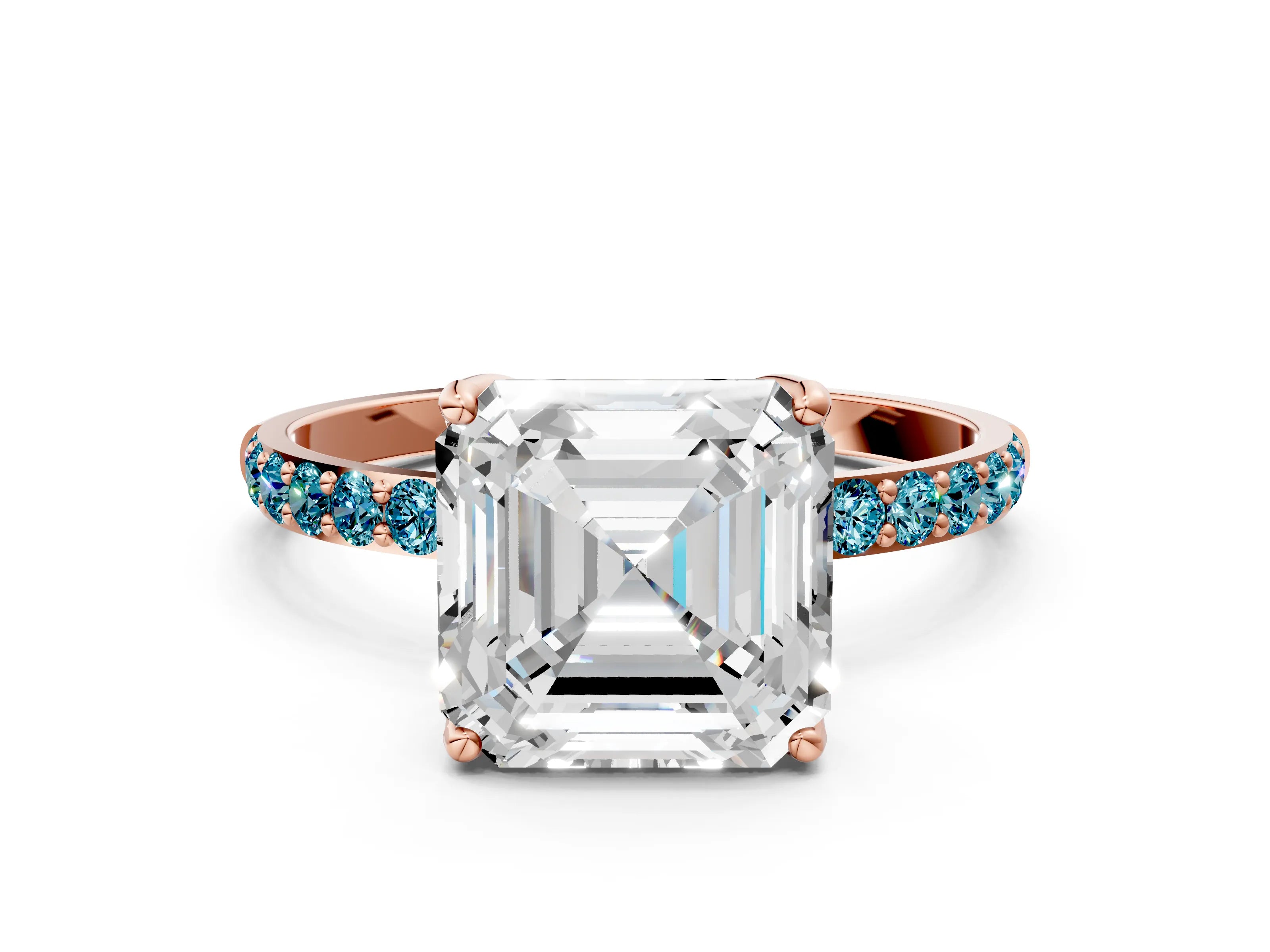 Rose gold Asscher Cut Diamond Solitaire Engagement Ring with Round with Blue Topaz side stone Pavé Band and Prong Setting