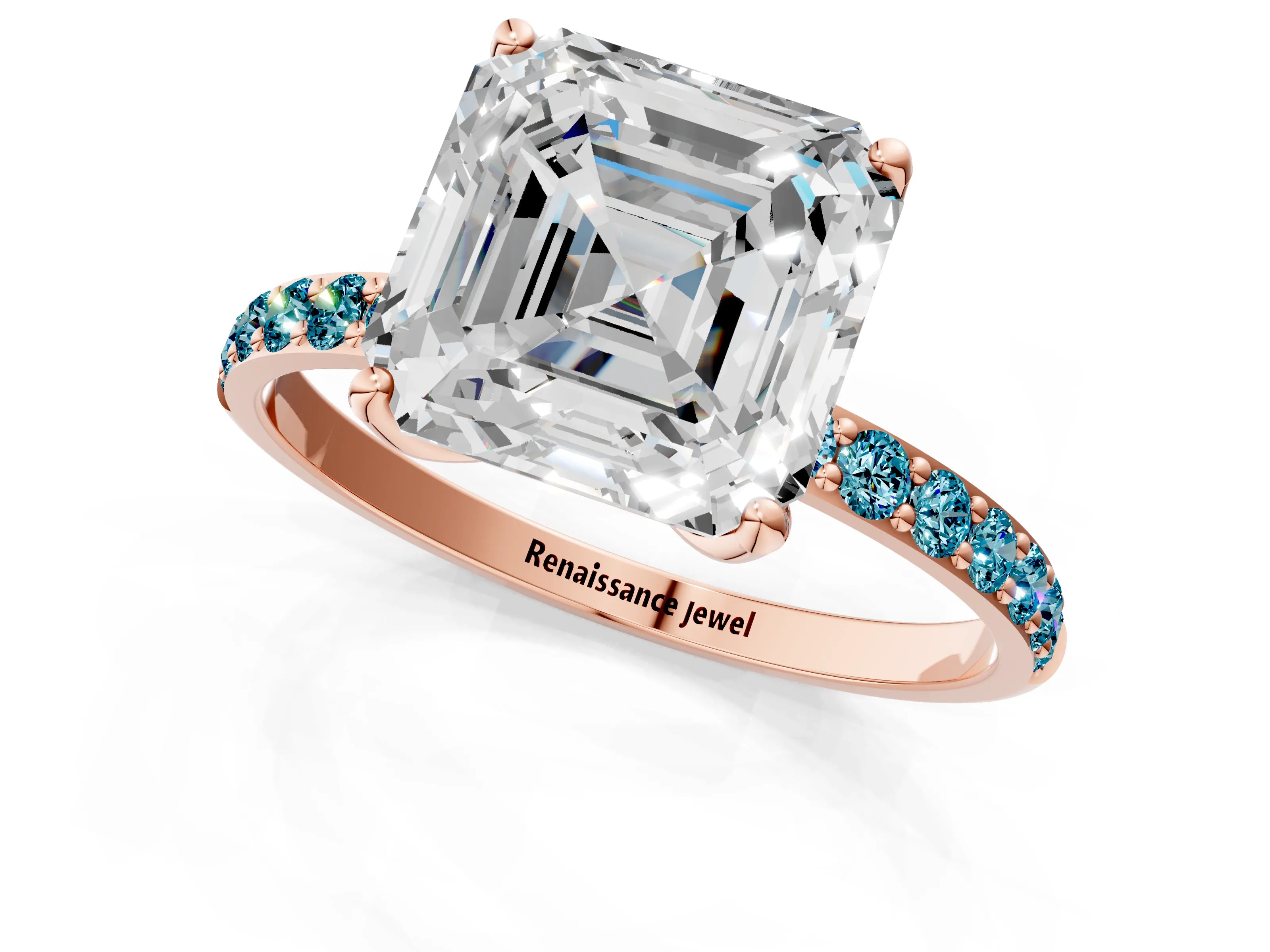 Rose gold Asscher Cut Diamond Solitaire Engagement Ring with Round with Blue Topaz side stone Pavé Band and Prong Setting_1