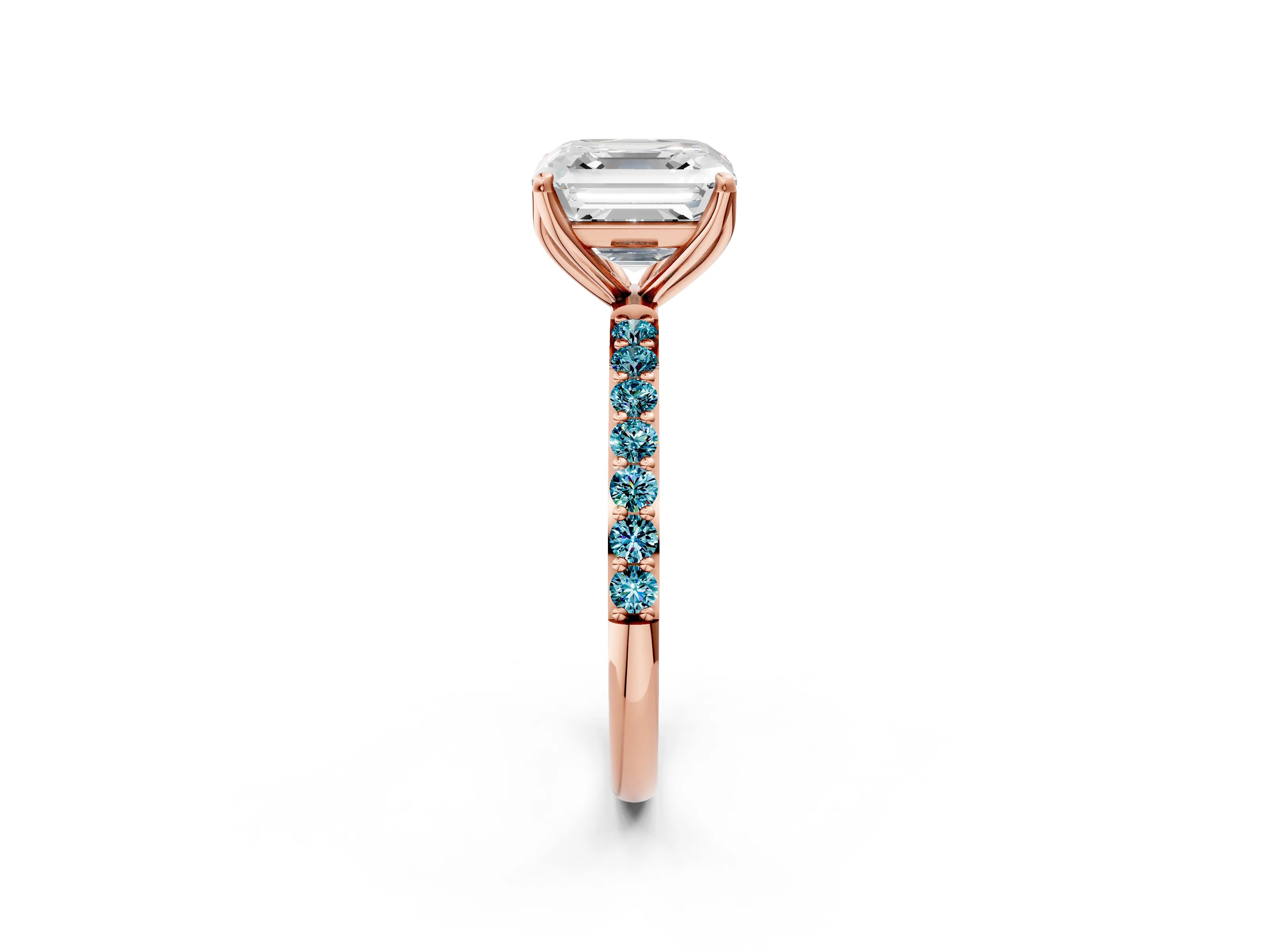 Rose gold Asscher Cut Diamond Solitaire Engagement Ring with Round with Blue Topaz side stone Pavé Band and Prong Setting_2