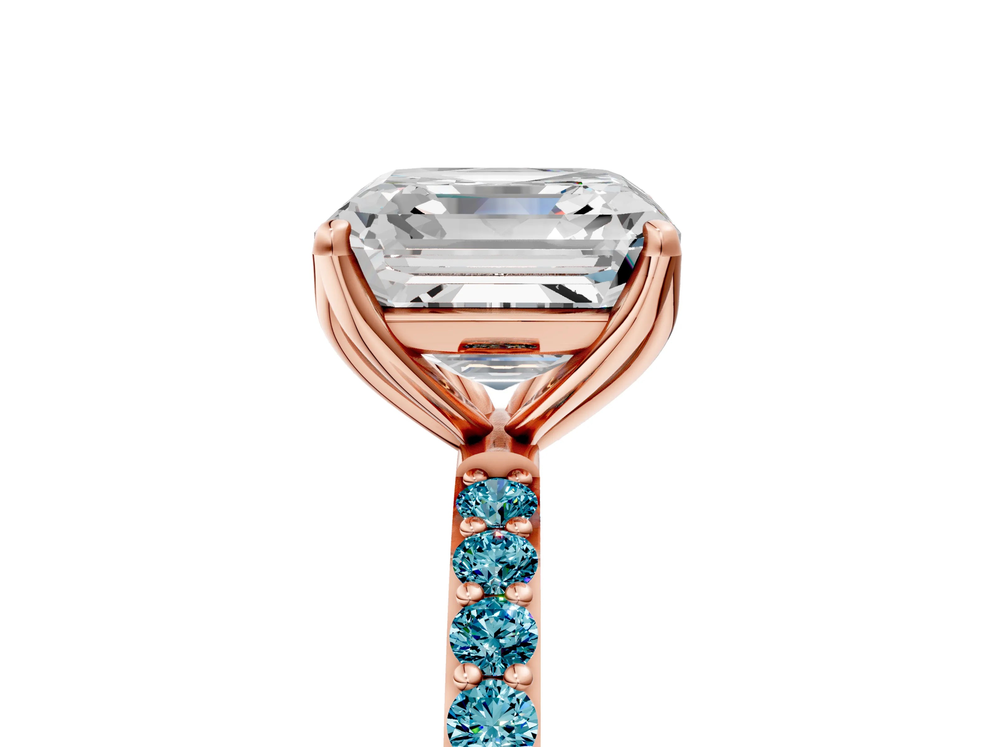 Rose gold Asscher Cut Diamond Solitaire Engagement Ring with Round with Blue Topaz side stone Pavé Band and Prong Setting_5