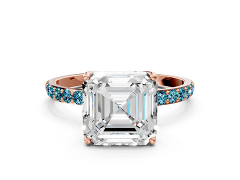 Rose gold Asscher Cut Diamond Solitaire Engagement Ring with Round with Blue Topaz side stone Pavé Band and Prong Setting