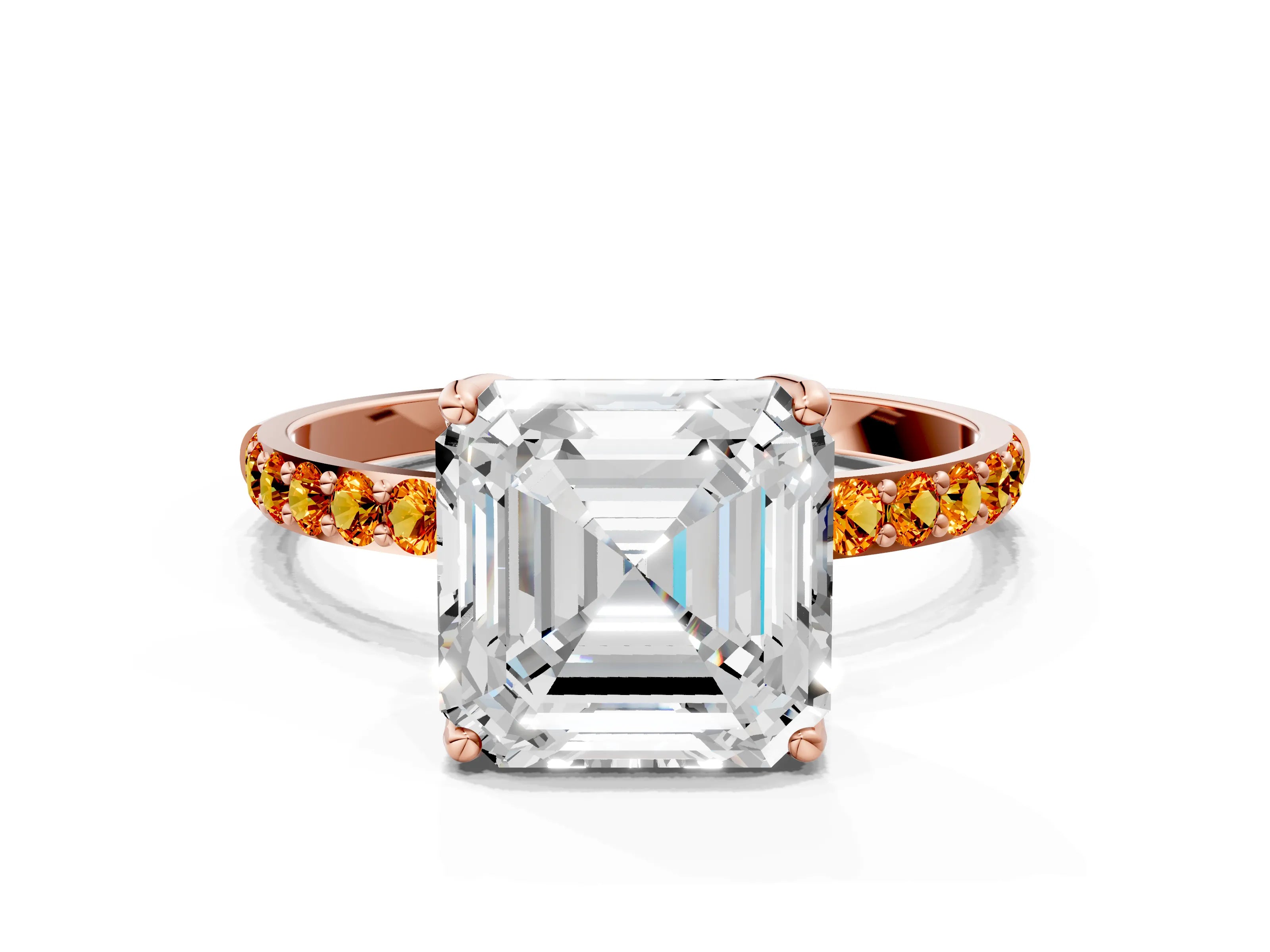 Rose gold Asscher Cut Diamond Solitaire Engagement Ring with Round with Citrine side stone Pavé Band and Prong Setting