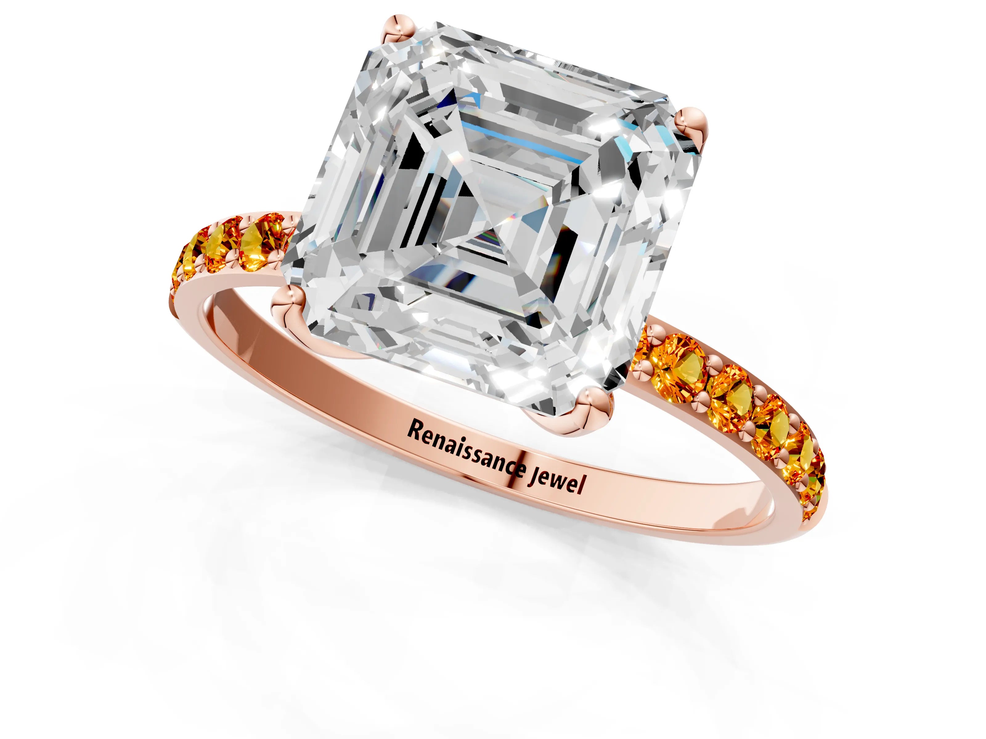 Rose gold Asscher Cut Diamond Solitaire Engagement Ring with Round with Citrine side stone Pavé Band and Prong Setting_1
