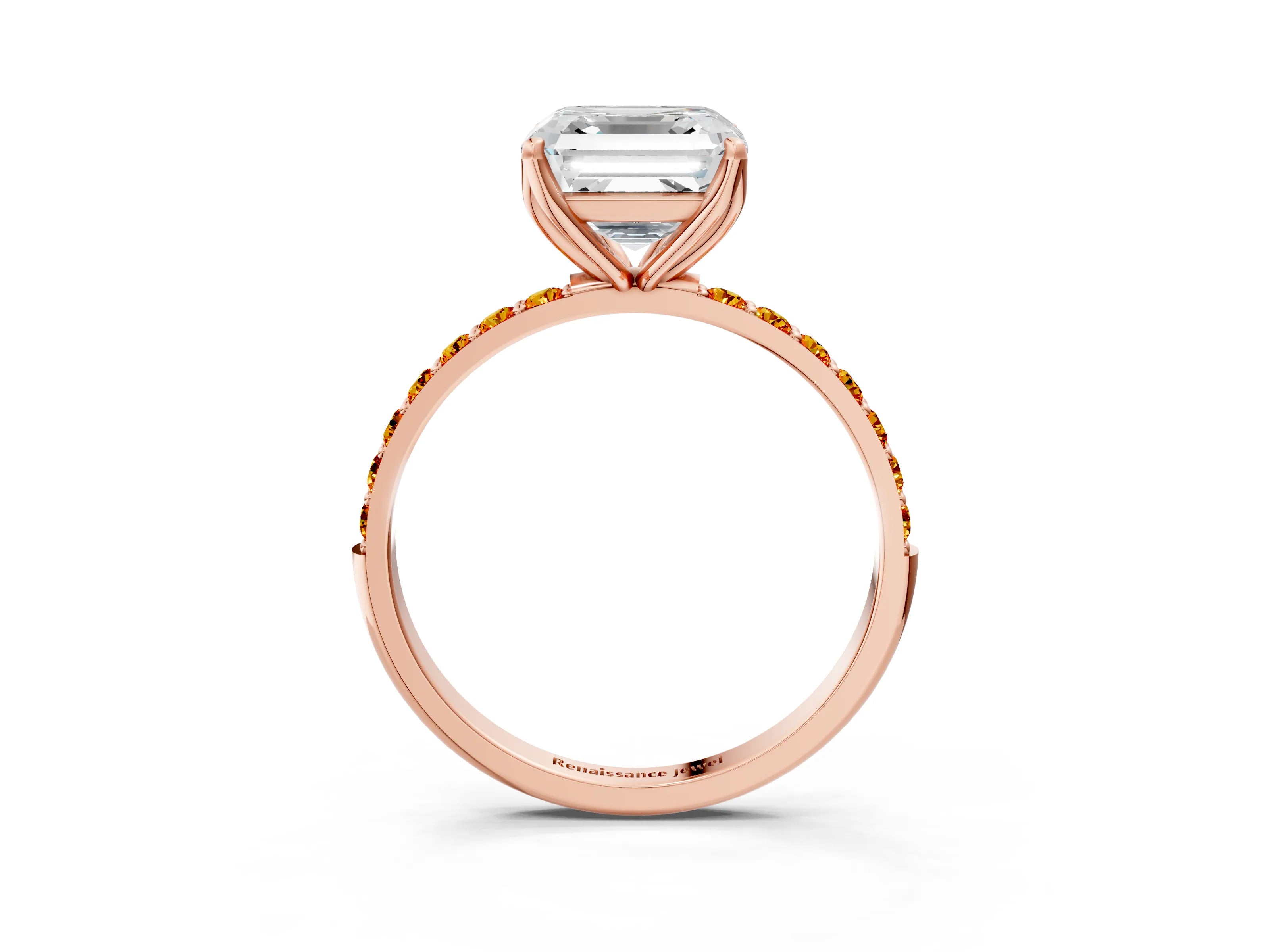 Rose gold Asscher Cut Diamond Solitaire Engagement Ring with Round with Citrine side stone Pavé Band and Prong Setting_3