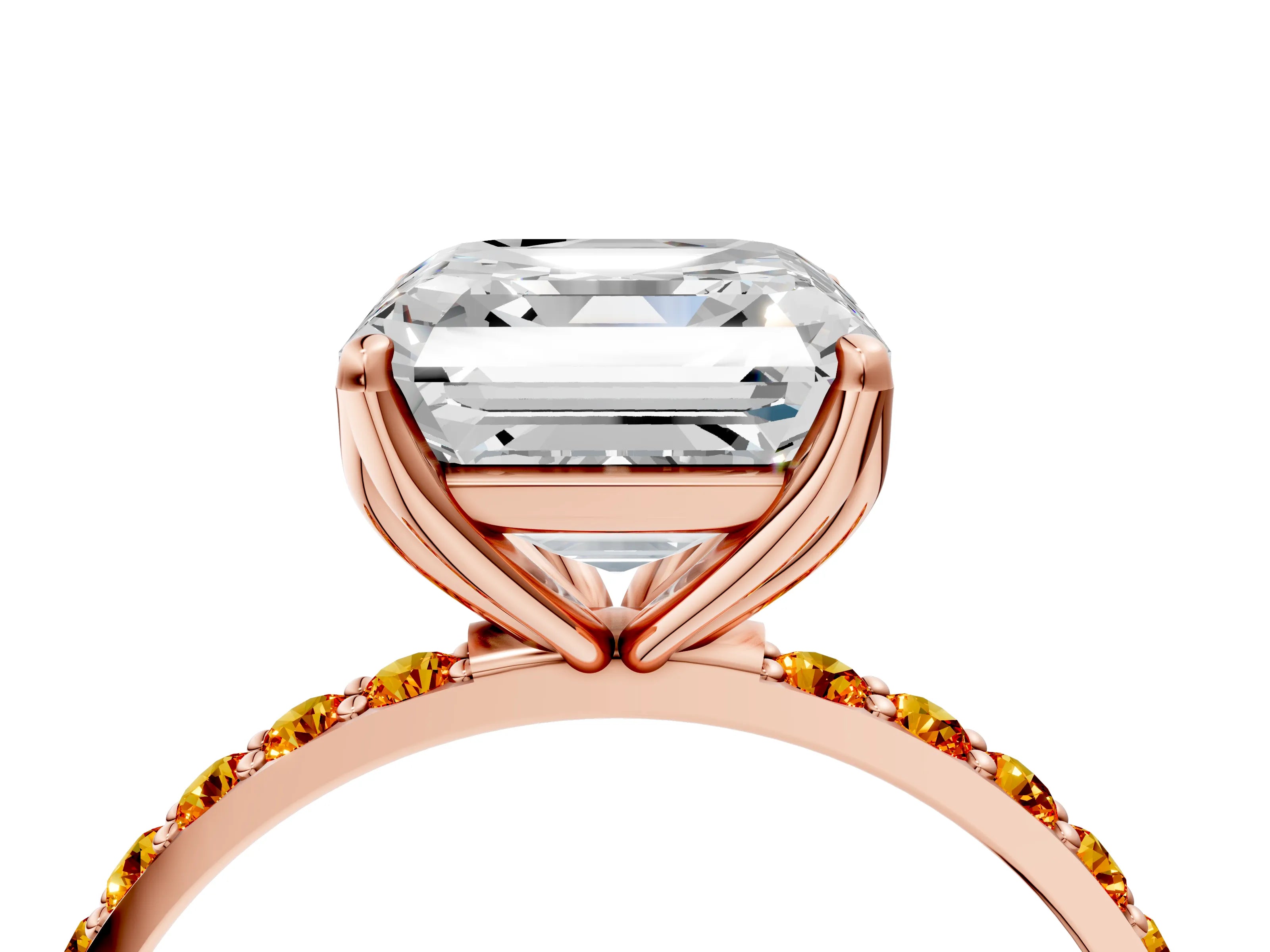 Rose gold Asscher Cut Diamond Solitaire Engagement Ring with Round with Citrine side stone Pavé Band and Prong Setting_4