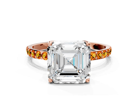 Rose gold Asscher Cut Diamond Solitaire Engagement Ring with Round with Citrine side stone Pavé Band and Prong Setting