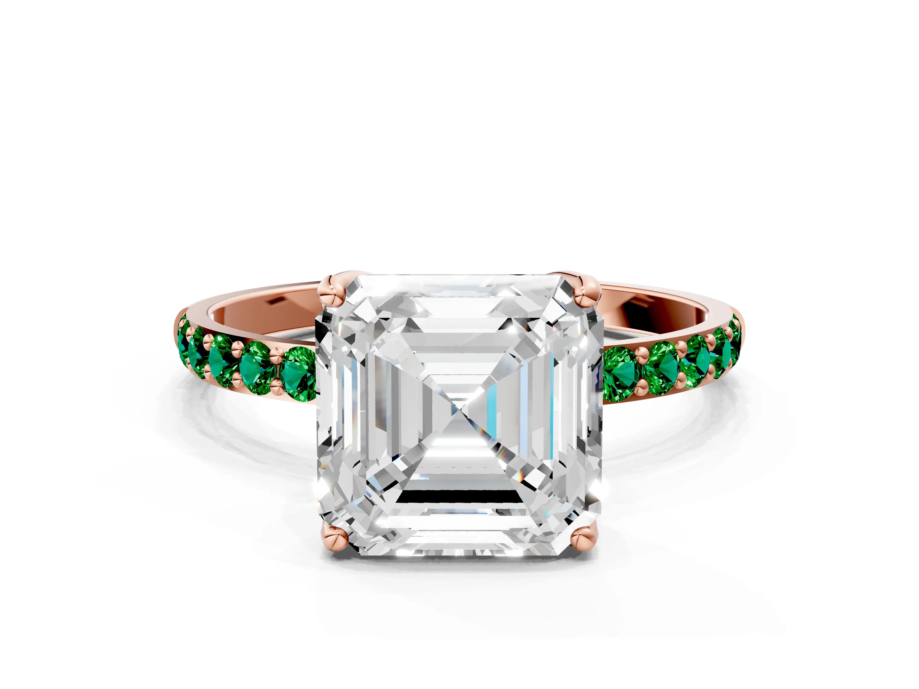 Rose gold Asscher Cut Diamond Solitaire Engagement Ring with Round with Emerald side stone Pavé Band and Prong Setting