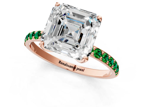Rose gold Asscher Cut Diamond Solitaire Engagement Ring with Round with Emerald side stone Pavé Band and Prong Setting_1