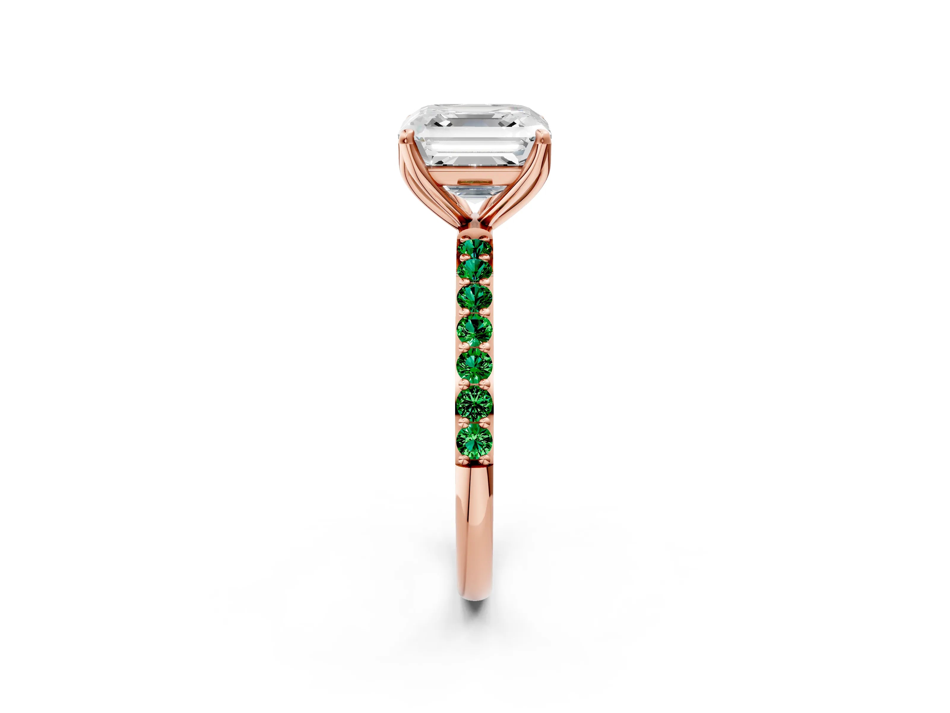Rose gold Asscher Cut Diamond Solitaire Engagement Ring with Round with Emerald side stone Pavé Band and Prong Setting_2