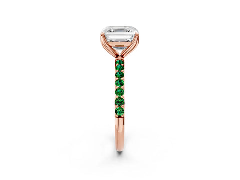 Rose gold Asscher Cut Diamond Solitaire Engagement Ring with Round with Emerald side stone Pavé Band and Prong Setting_2