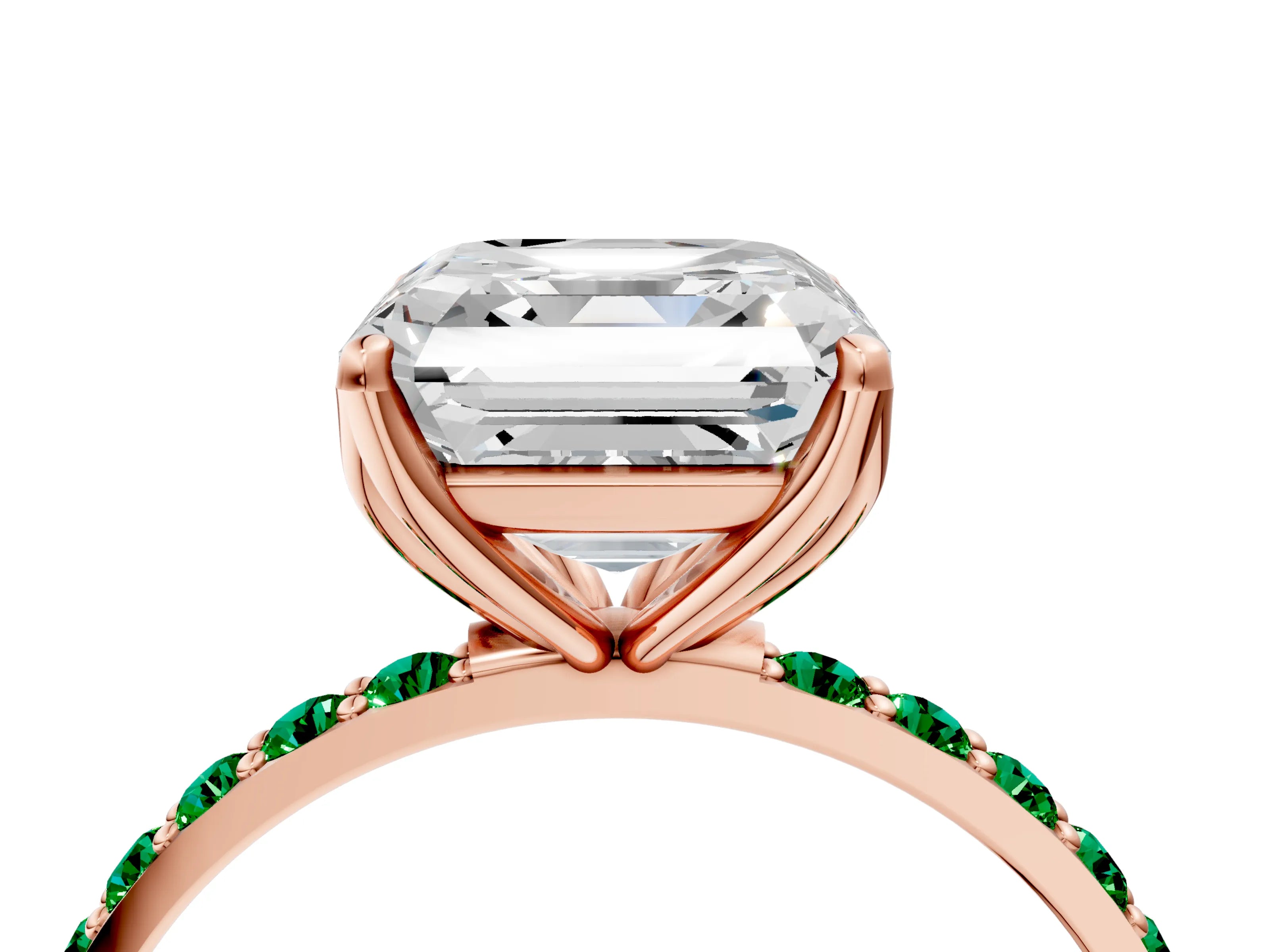 Rose gold Asscher Cut Diamond Solitaire Engagement Ring with Round with Emerald side stone Pavé Band and Prong Setting_4