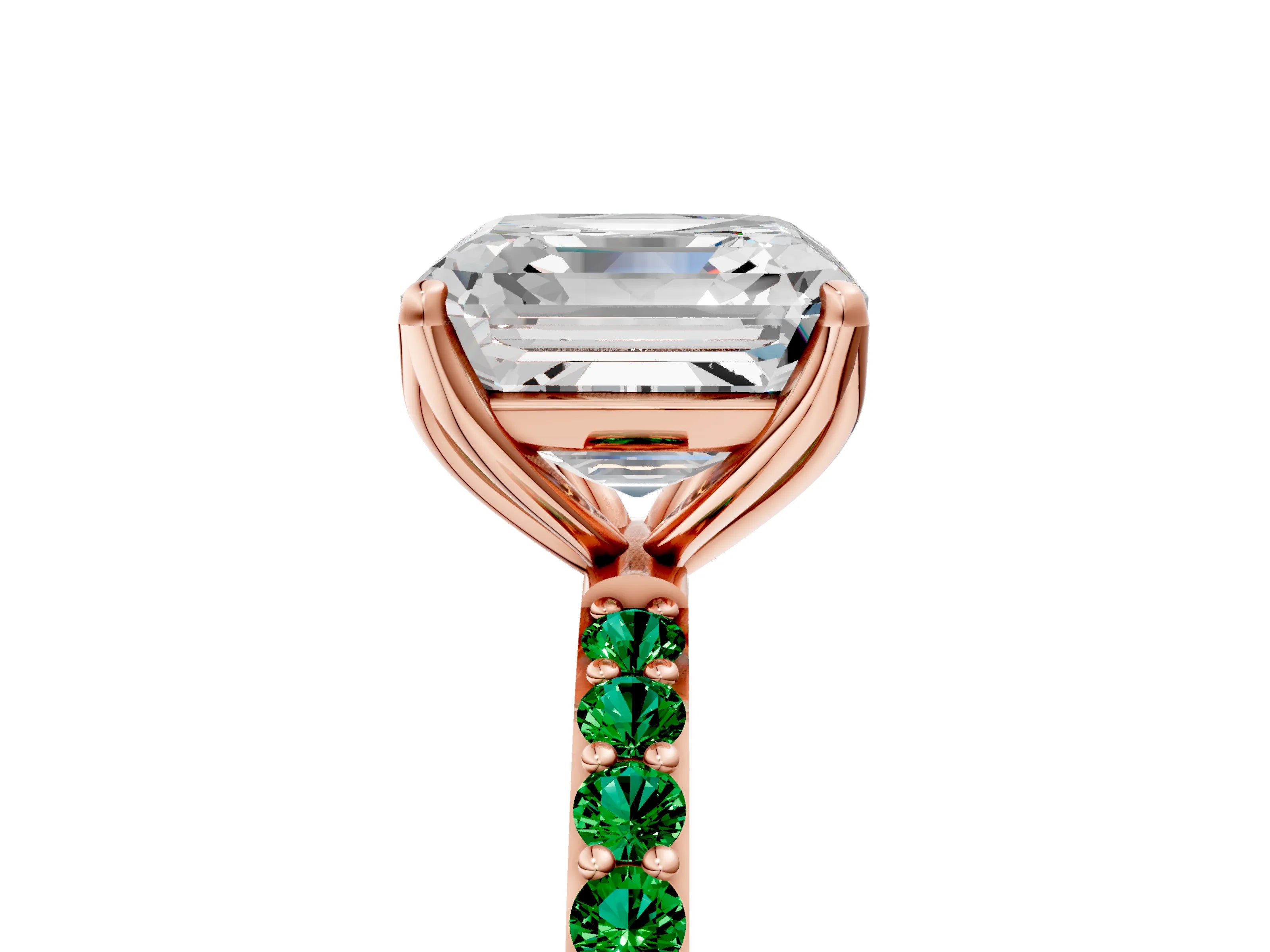 Rose gold Asscher Cut Diamond Solitaire Engagement Ring with Round with Emerald side stone Pavé Band and Prong Setting_5