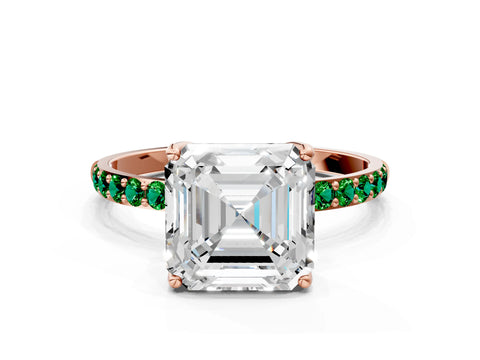 Rose gold Asscher Cut Diamond Solitaire Engagement Ring with Round with Emerald side stone Pavé Band and Prong Setting