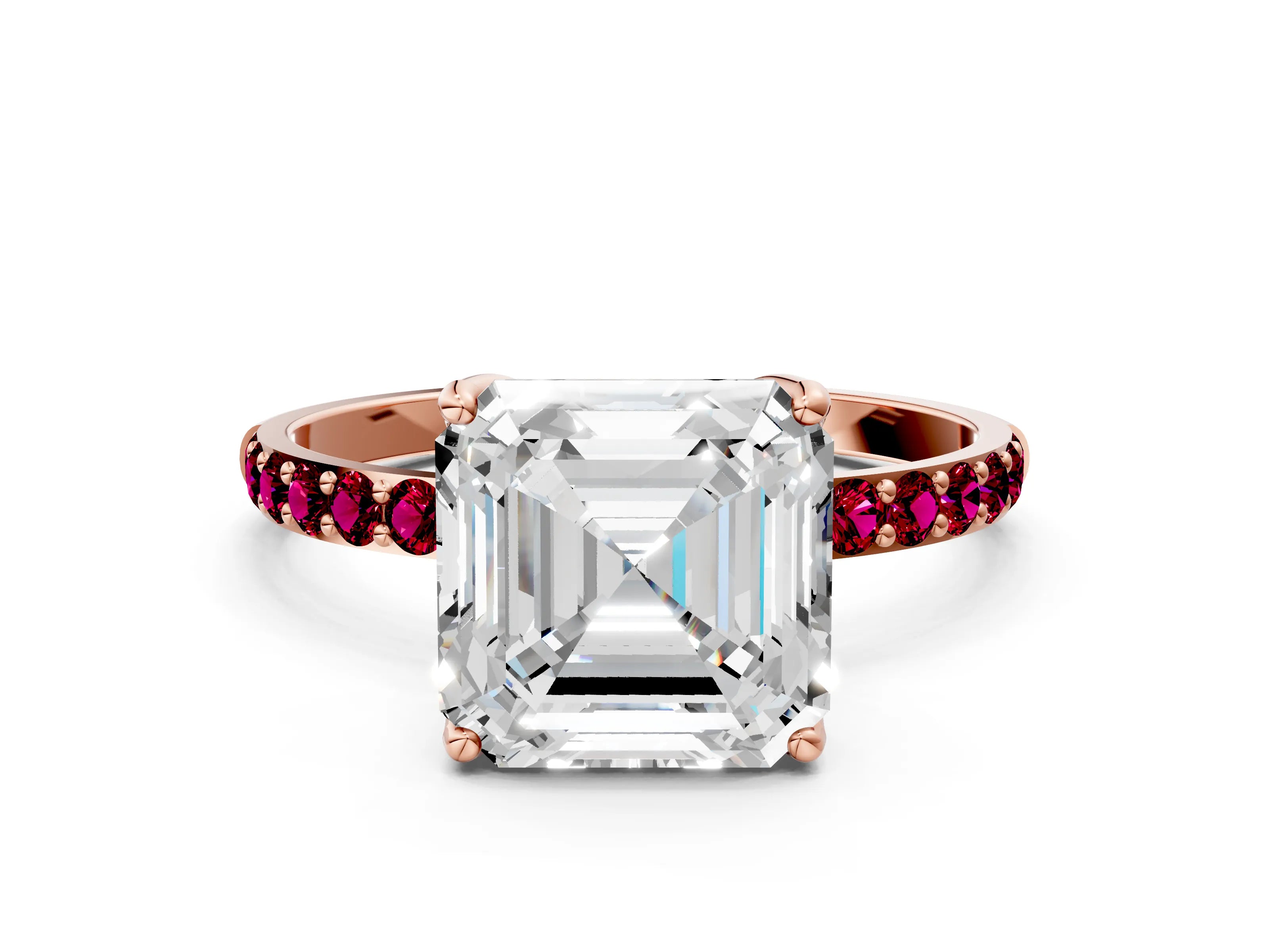 Rose gold Asscher Cut Diamond Solitaire Engagement Ring with Round with Garnet side stone Pavé Band and Prong Setting