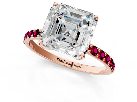 Rose gold Asscher Cut Diamond Solitaire Engagement Ring with Round with Garnet side stone Pavé Band and Prong Setting_1