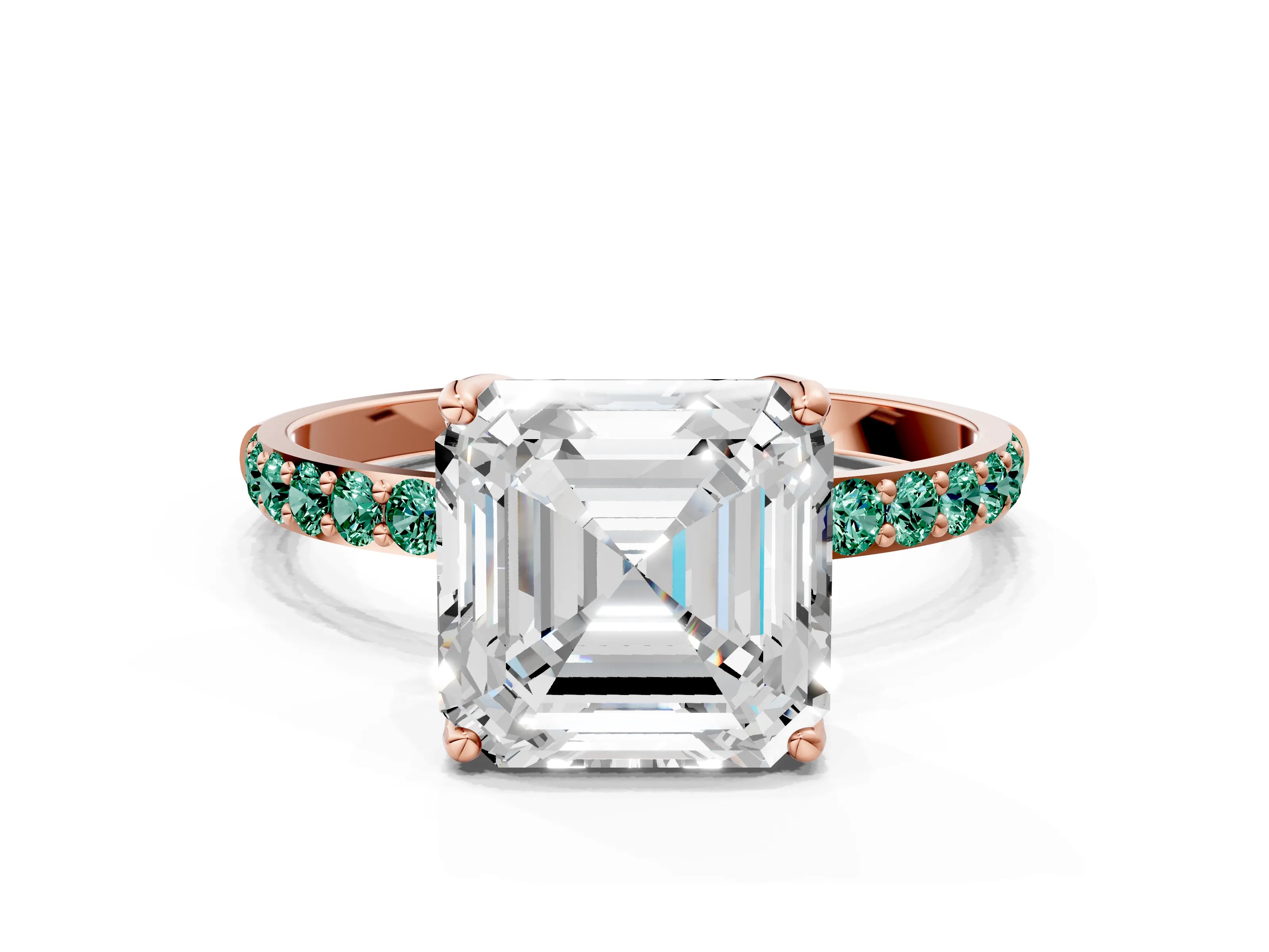 Rose gold Asscher Cut Diamond Solitaire Engagement Ring with Round with Green Sapphire side stone Pavé Band and Prong Setting