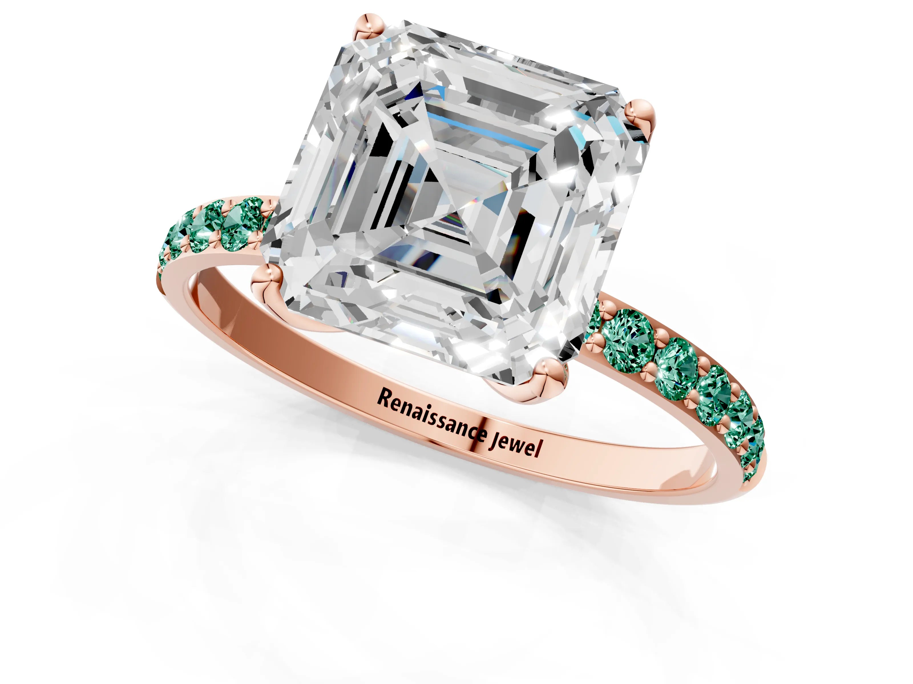 Rose gold Asscher Cut Diamond Solitaire Engagement Ring with Round with Green Sapphire side stone Pavé Band and Prong Setting_1