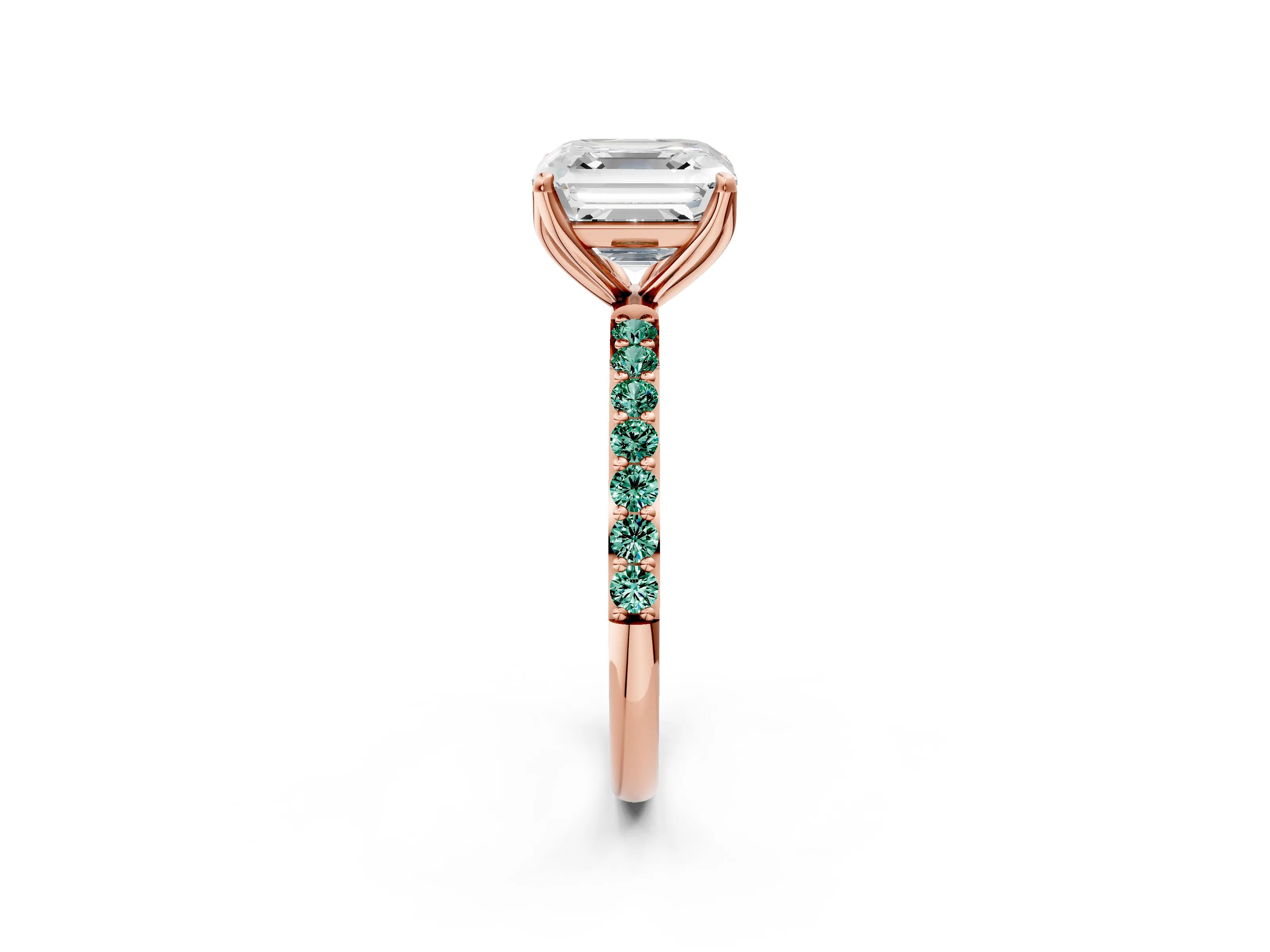 Rose gold Asscher Cut Diamond Solitaire Engagement Ring with Round with Green Sapphire side stone Pavé Band and Prong Setting_2