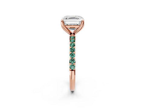 Rose gold Asscher Cut Diamond Solitaire Engagement Ring with Round with Green Sapphire side stone Pavé Band and Prong Setting_2