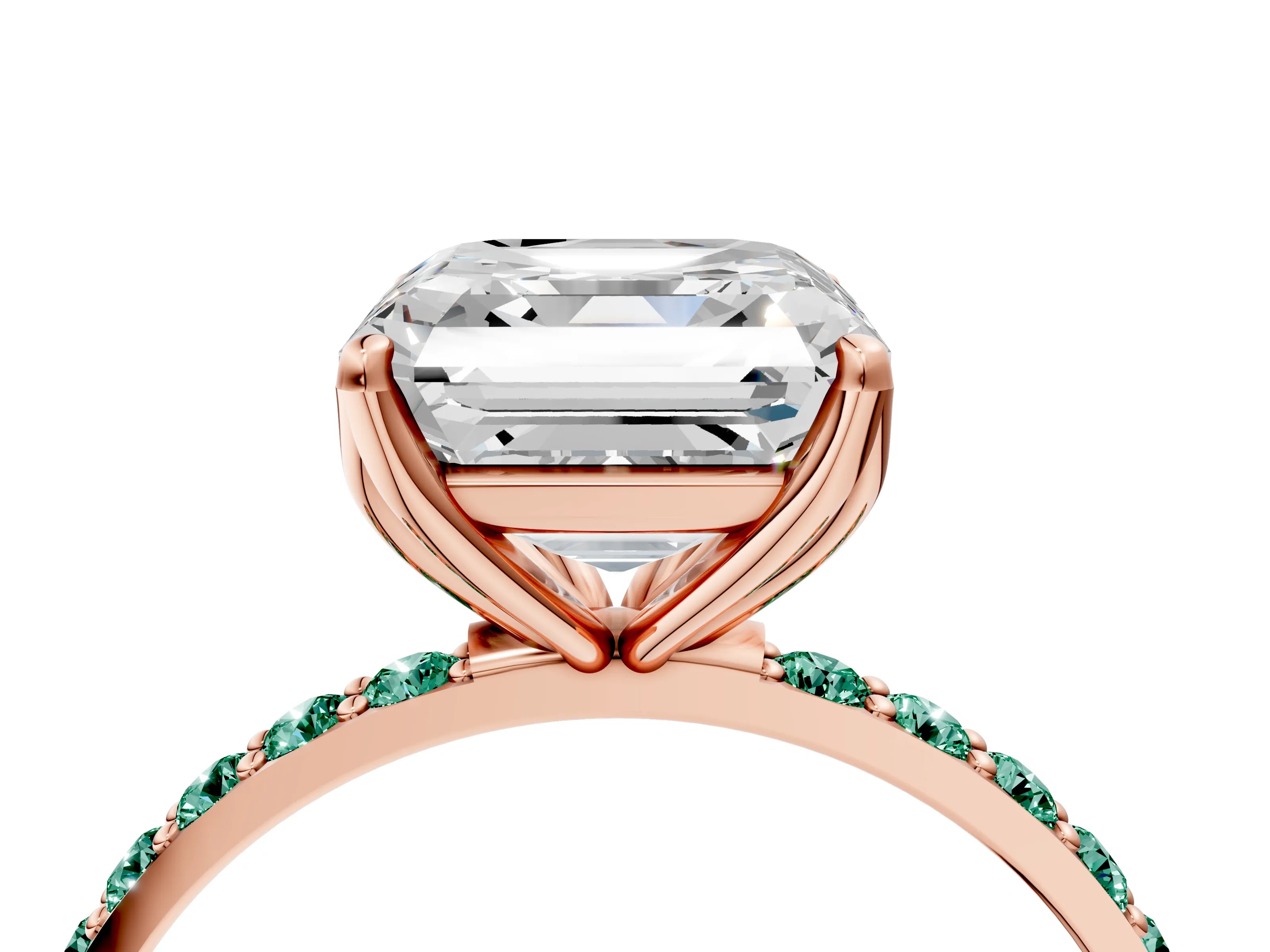 Rose gold Asscher Cut Diamond Solitaire Engagement Ring with Round with Green Sapphire side stone Pavé Band and Prong Setting_4