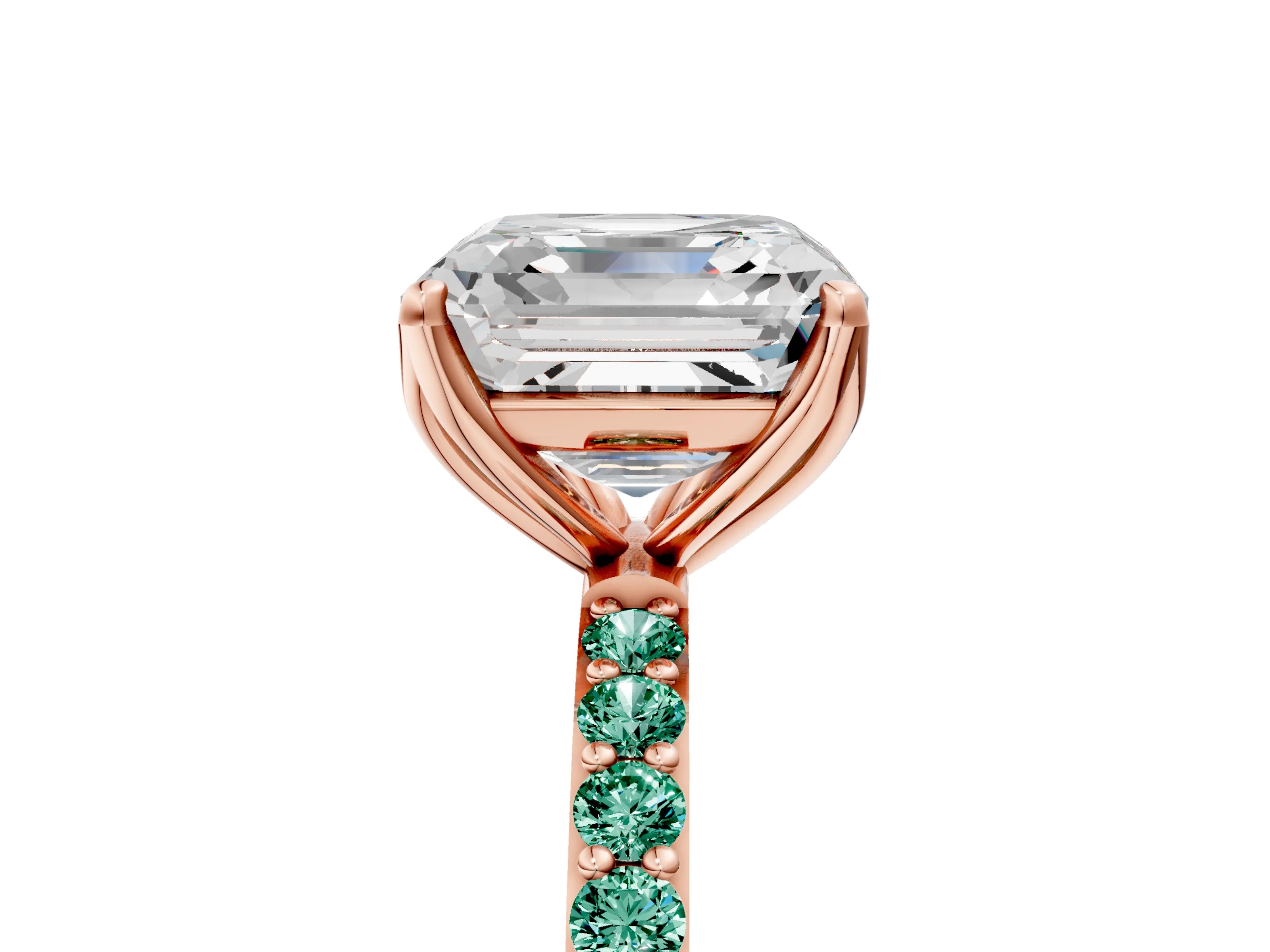 Rose gold Asscher Cut Diamond Solitaire Engagement Ring with Round with Green Sapphire side stone Pavé Band and Prong Setting_5