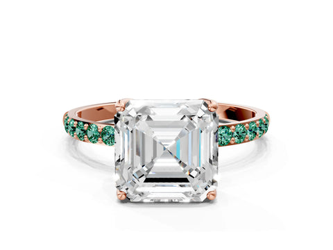 Rose gold Asscher Cut Diamond Solitaire Engagement Ring with Round with Green Sapphire side stone Pavé Band and Prong Setting